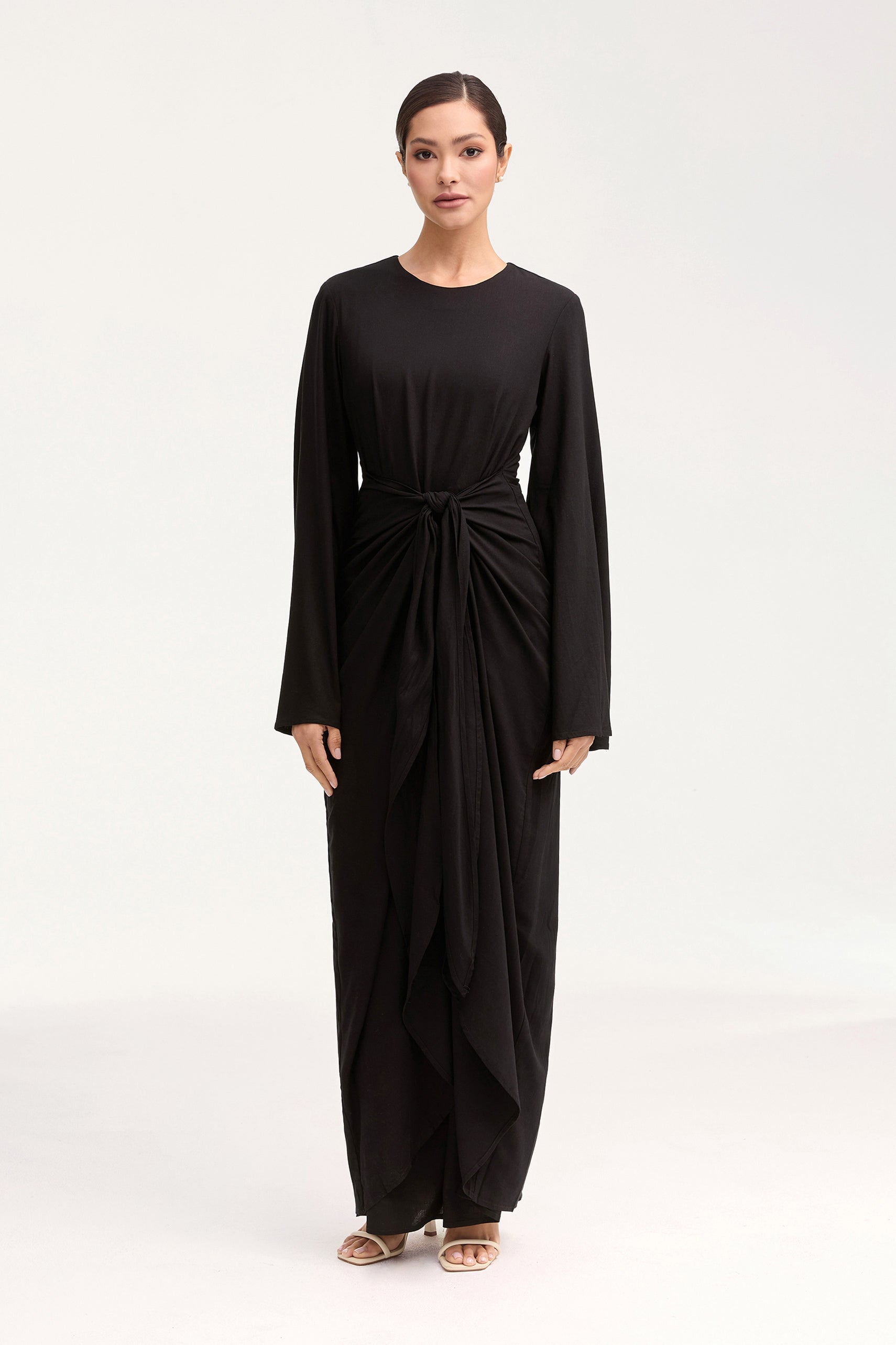 Hanadi Linen Wrap Maxi Dress - Black Clothing Veiled 
