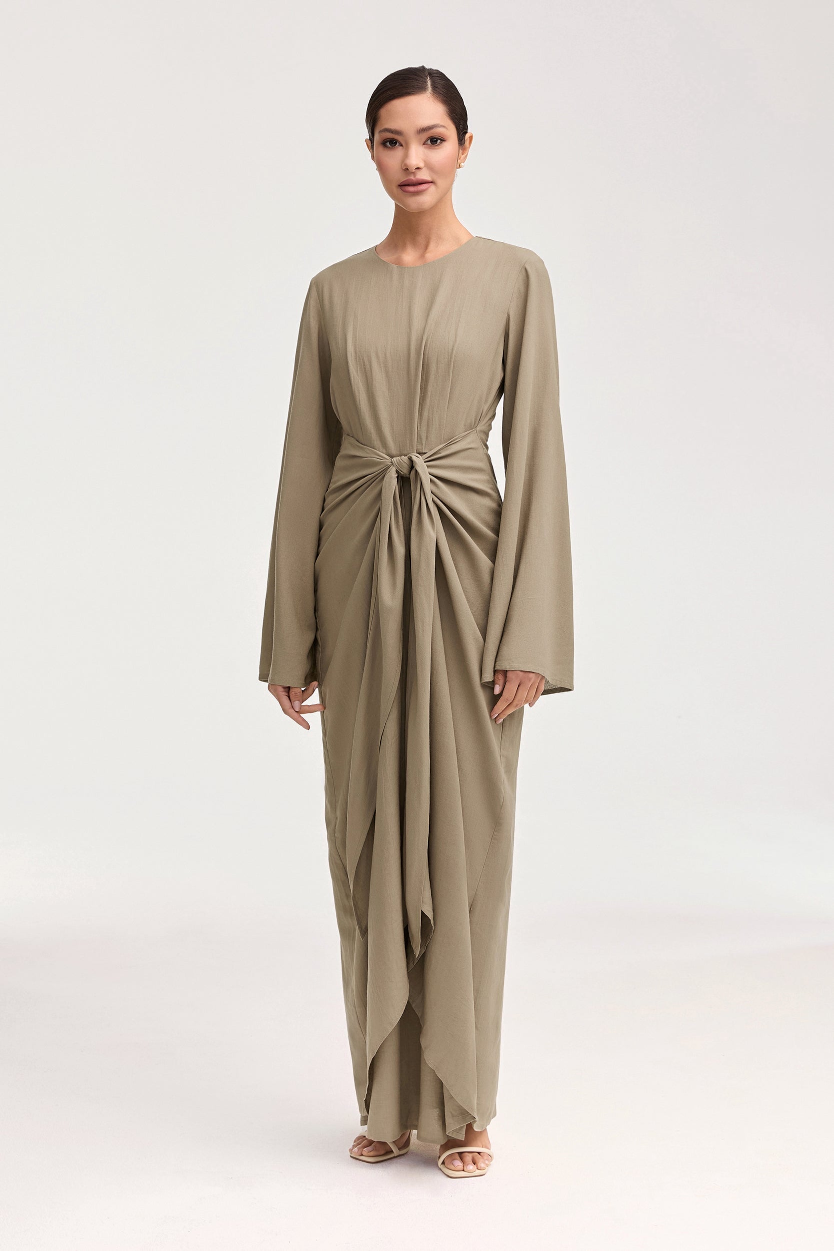 Hanadi Linen Wrap Maxi Dress - Desert Sage Clothing Veiled 
