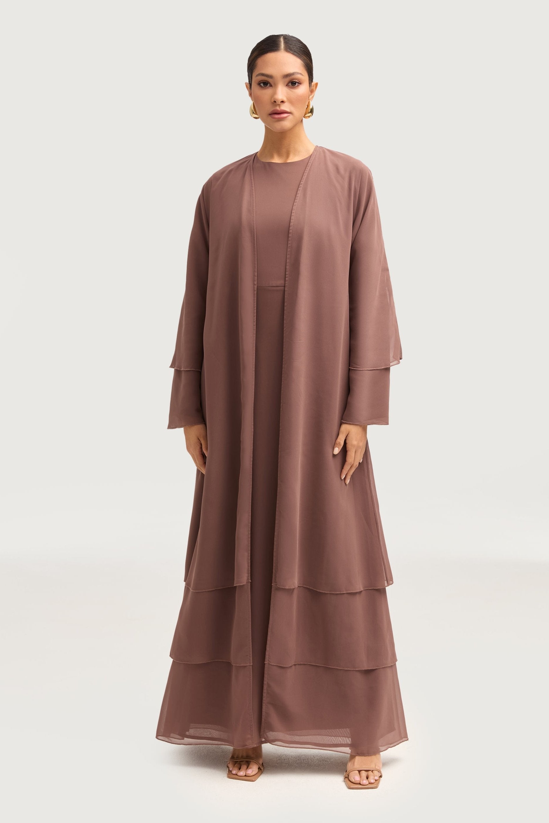 Hawa Two Piece Abaya & Dress Set - Deep Taupe Sets Veiled 