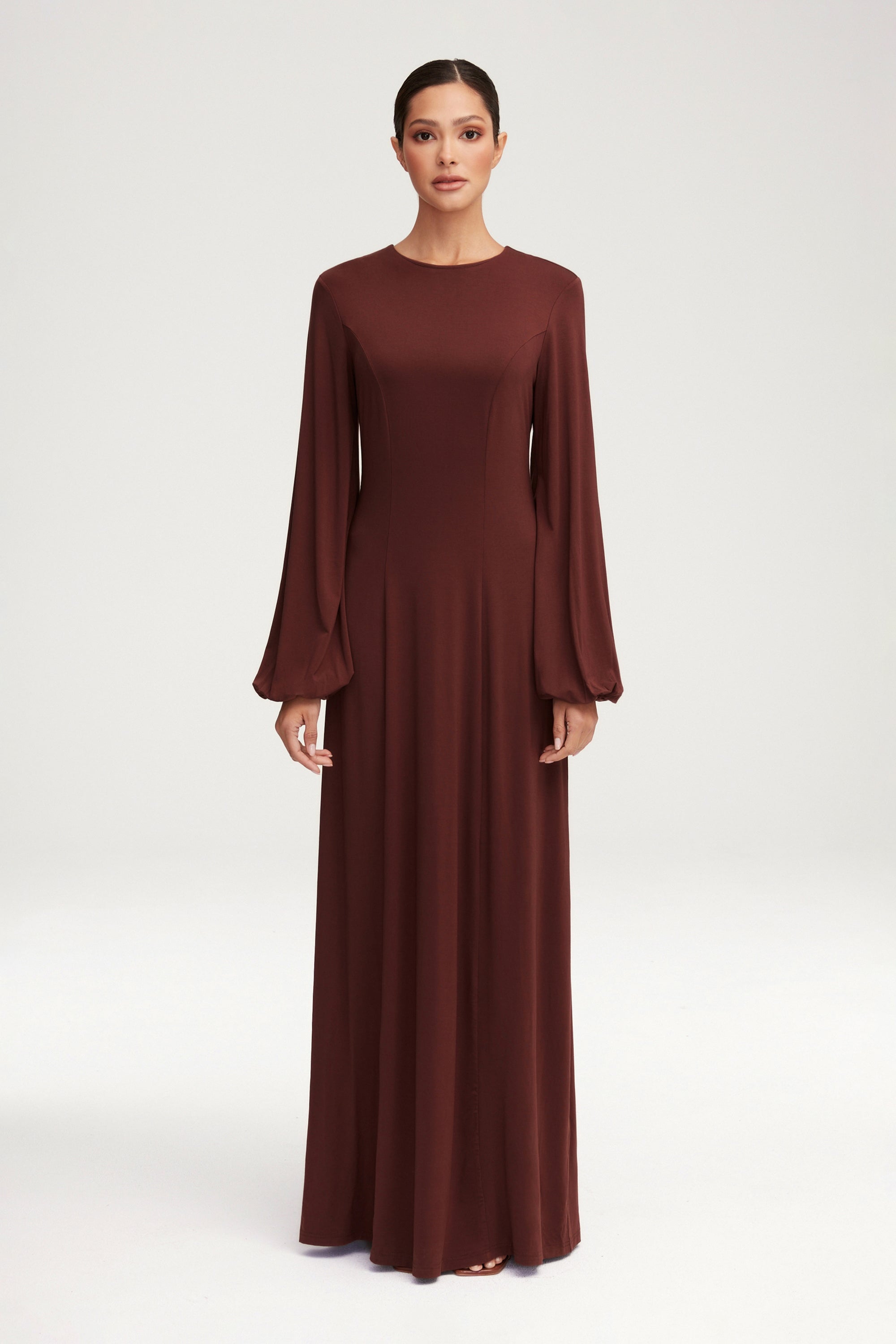 Hayat Jersey Princess Seam Maxi Dress - Chocolate Clothing Veiled 