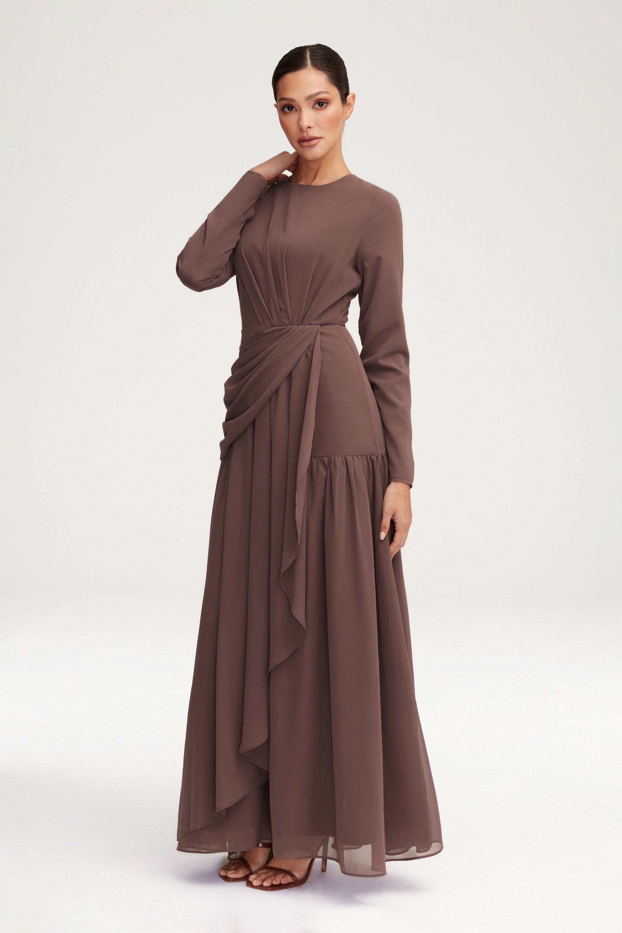Huda Chiffon Maxi Dress - Taupe Clothing Veiled 