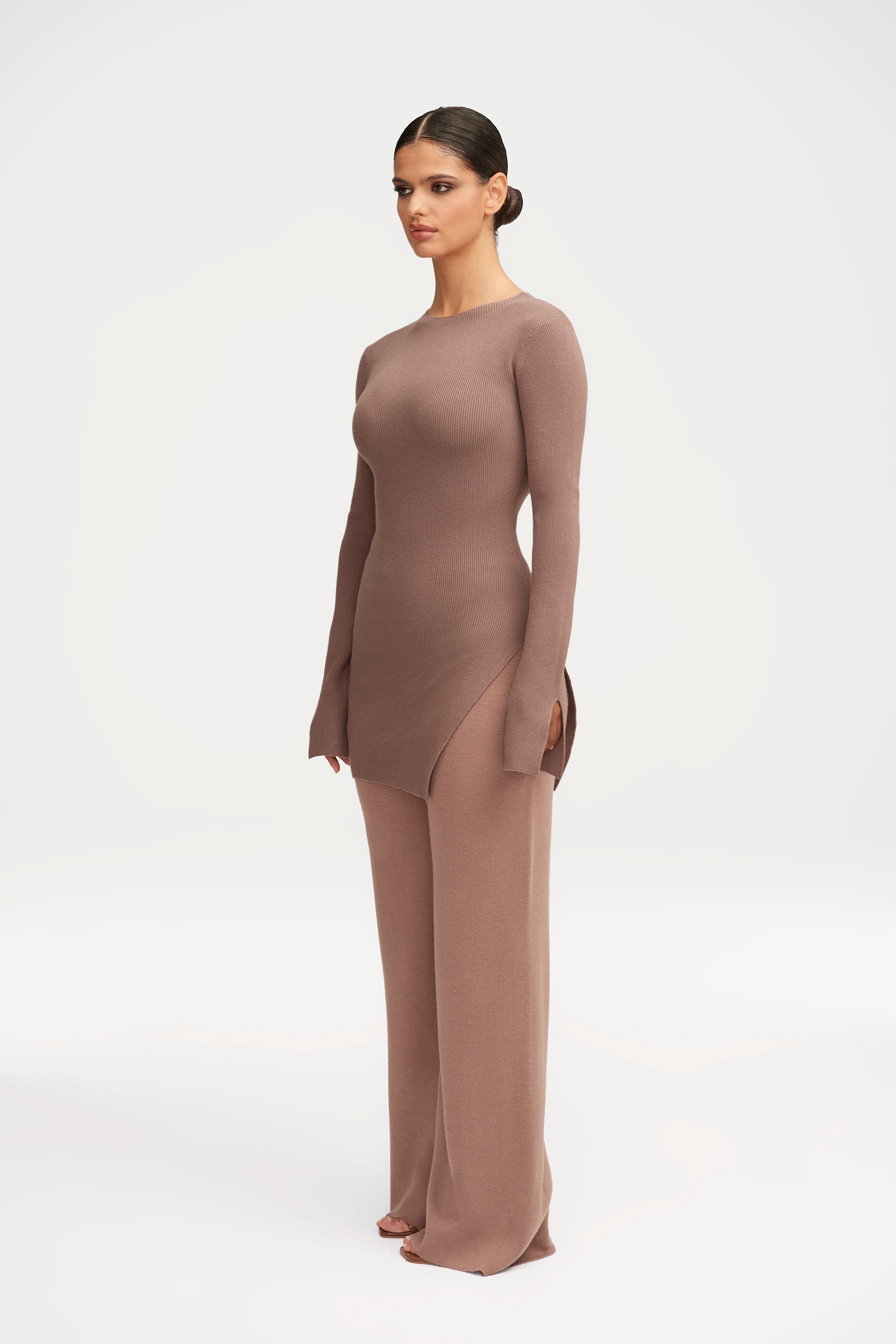 Inaya Ribbed Side Slit Top - Taupe