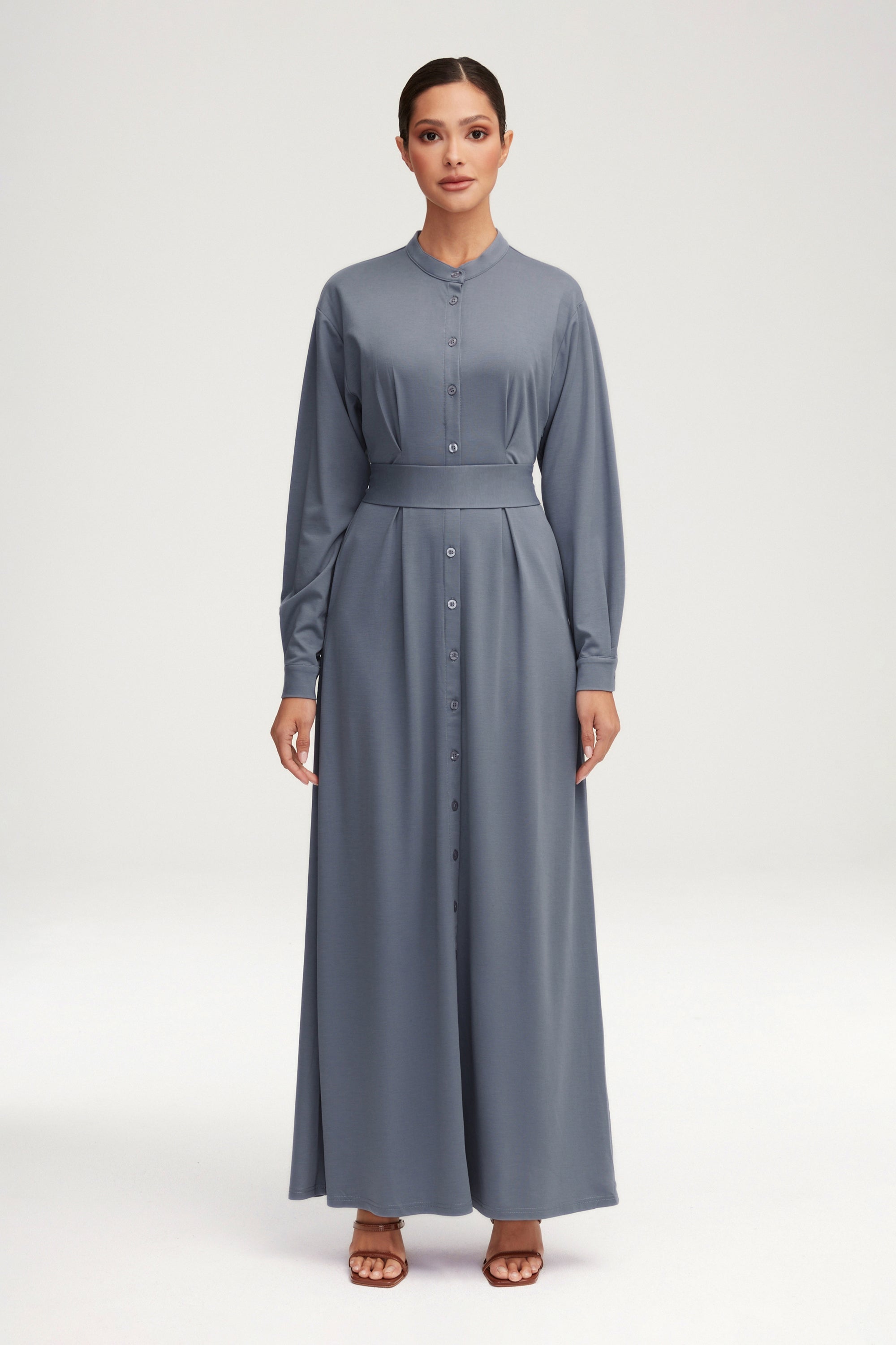 Ivy Jersey Button Down Maxi Dress - Dusk Blue Clothing Veiled 