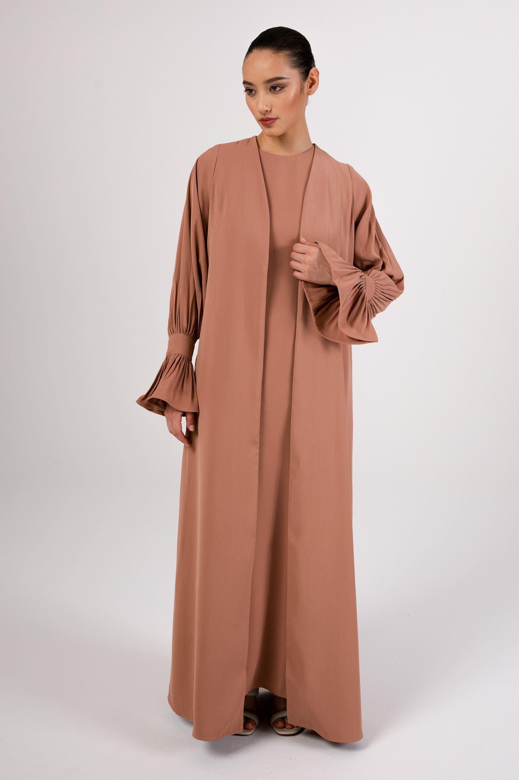 Jamila Cinched Sleeve Open Abaya and Dres Set - Desert Clay Abayas Veiled 