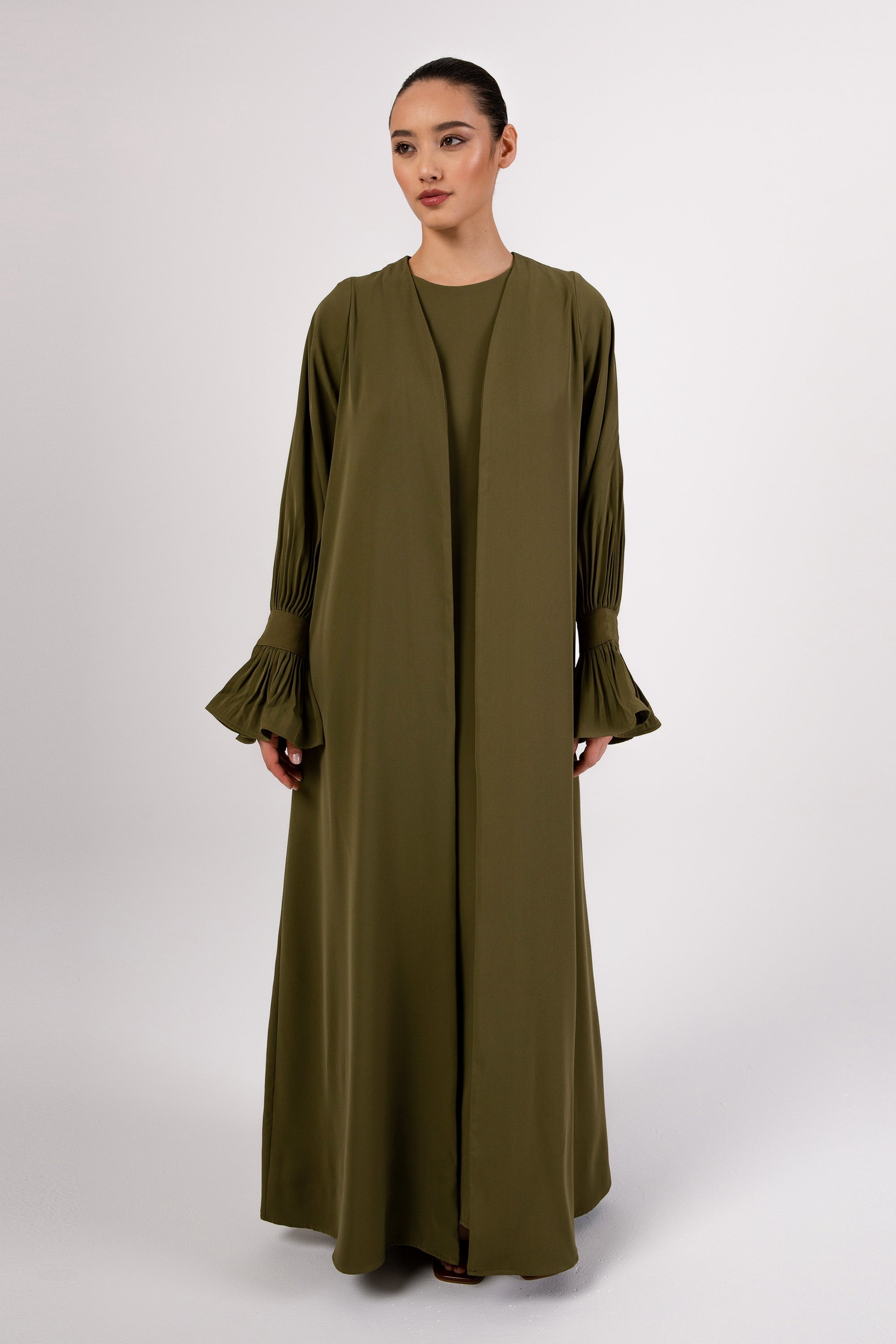 Jamila Cinched Sleeve Open Abaya and Dress Set - Avocado Abayas saigonodysseyhotel 