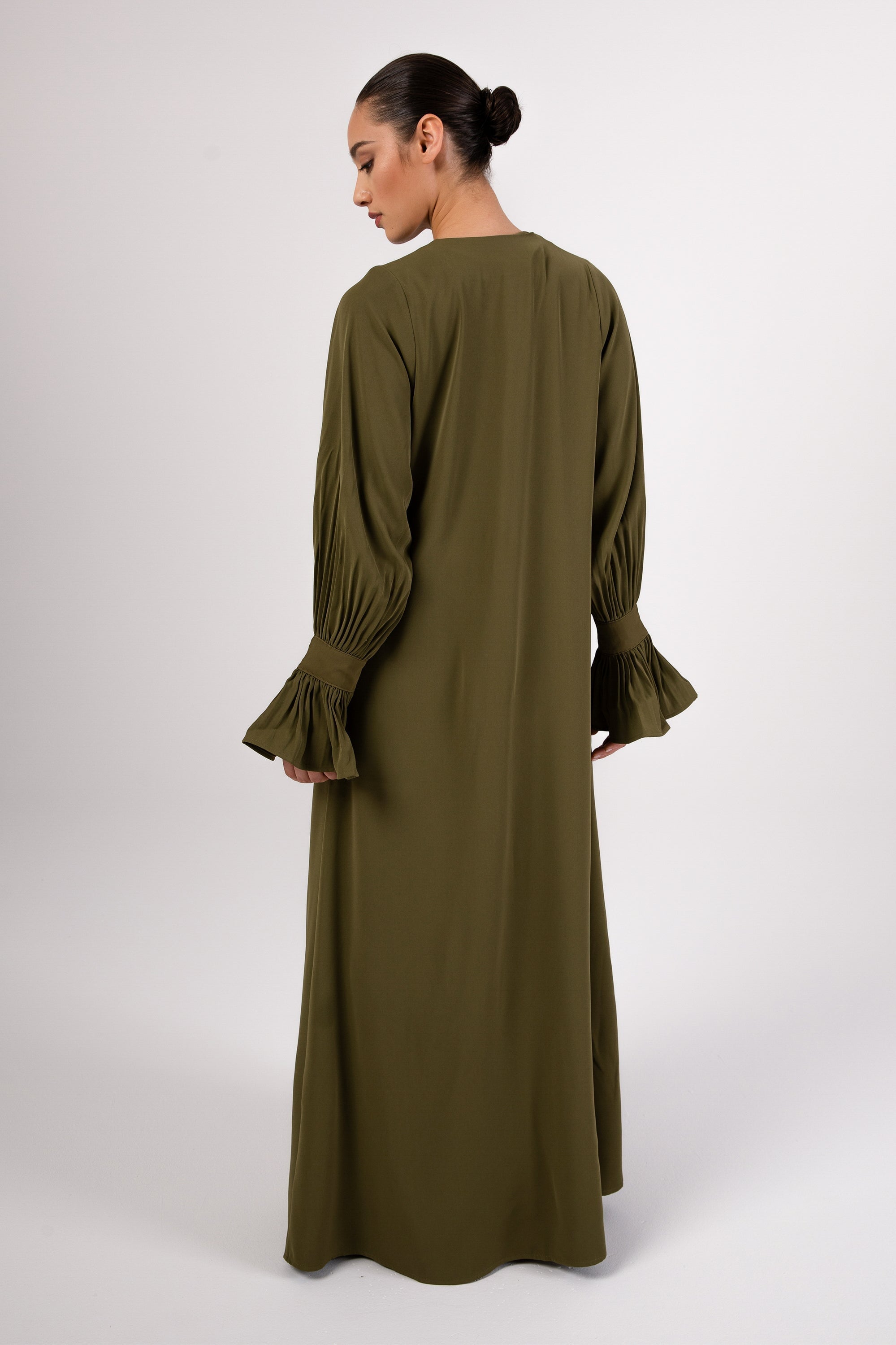 Jamila Cinched Sleeve Open Abaya and Dress Set - Avocado Abayas Veiled 