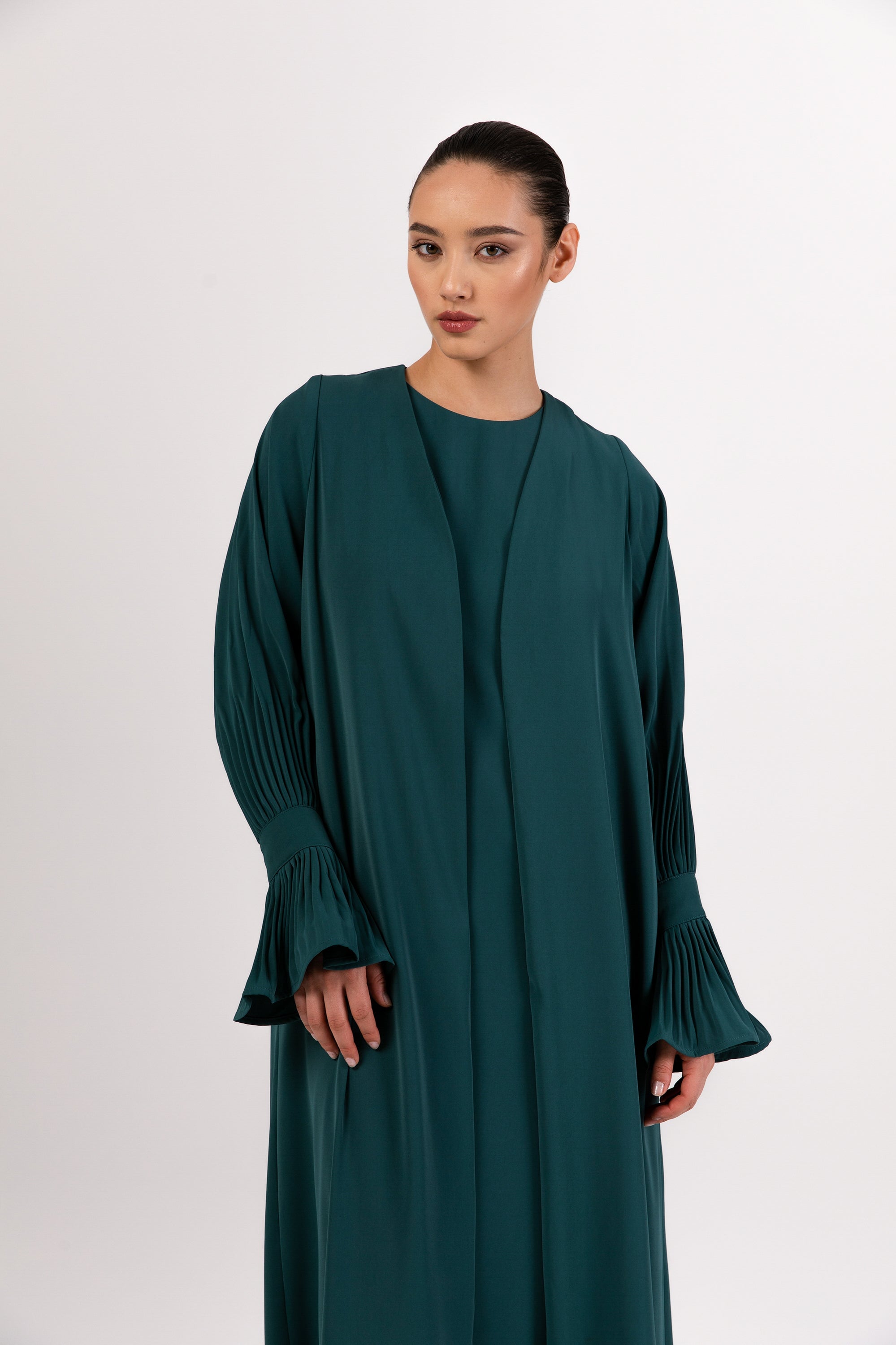 Jamila Cinched Sleeve Open Abaya and Dress Set- Teal Abayas Veiled 