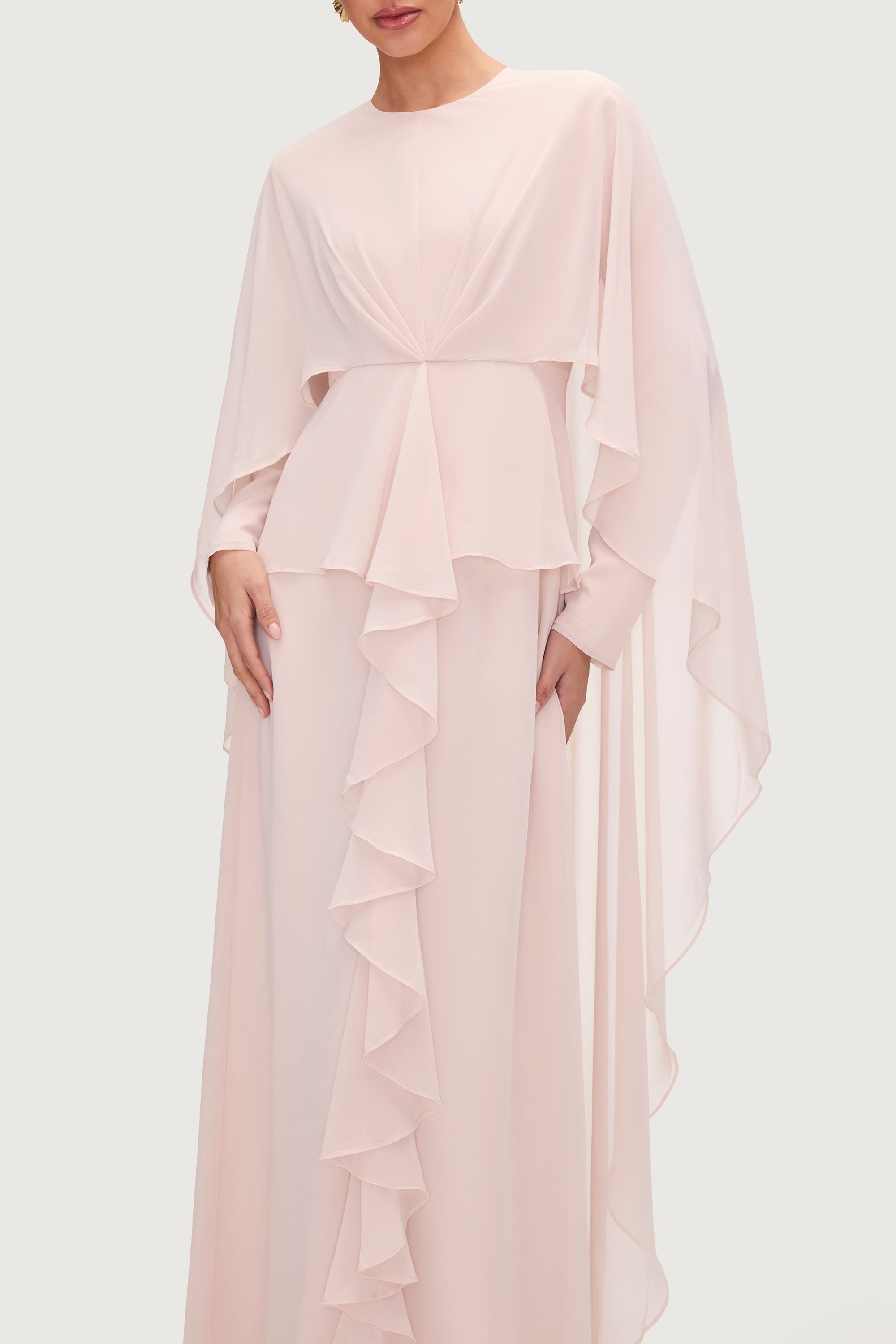 Jeanette Cascade Cape Maxi Dress - Pearl Dresses Veiled 