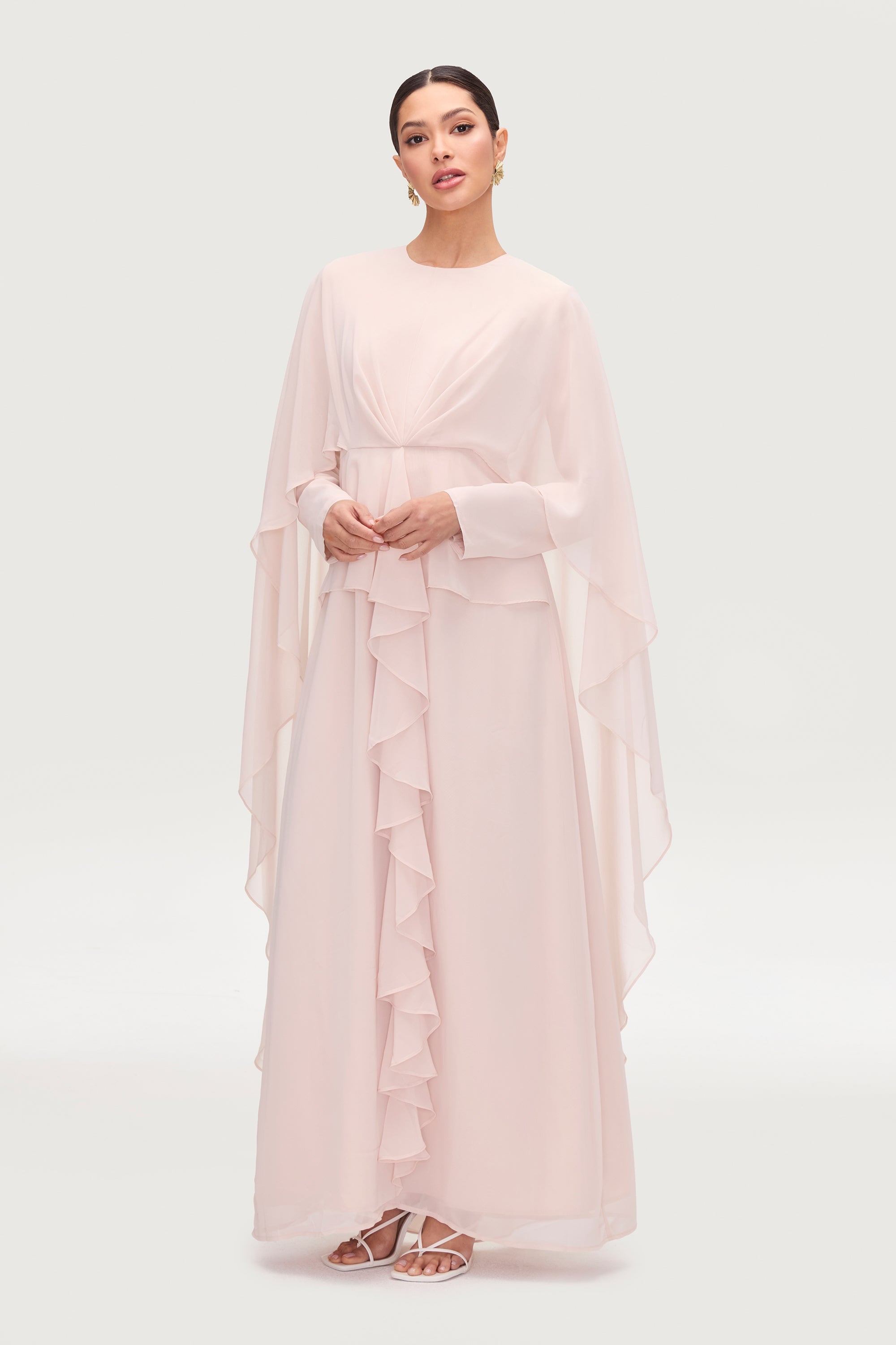 Jeanette Cascade Cape Maxi Dress - Pearl Dresses Veiled 