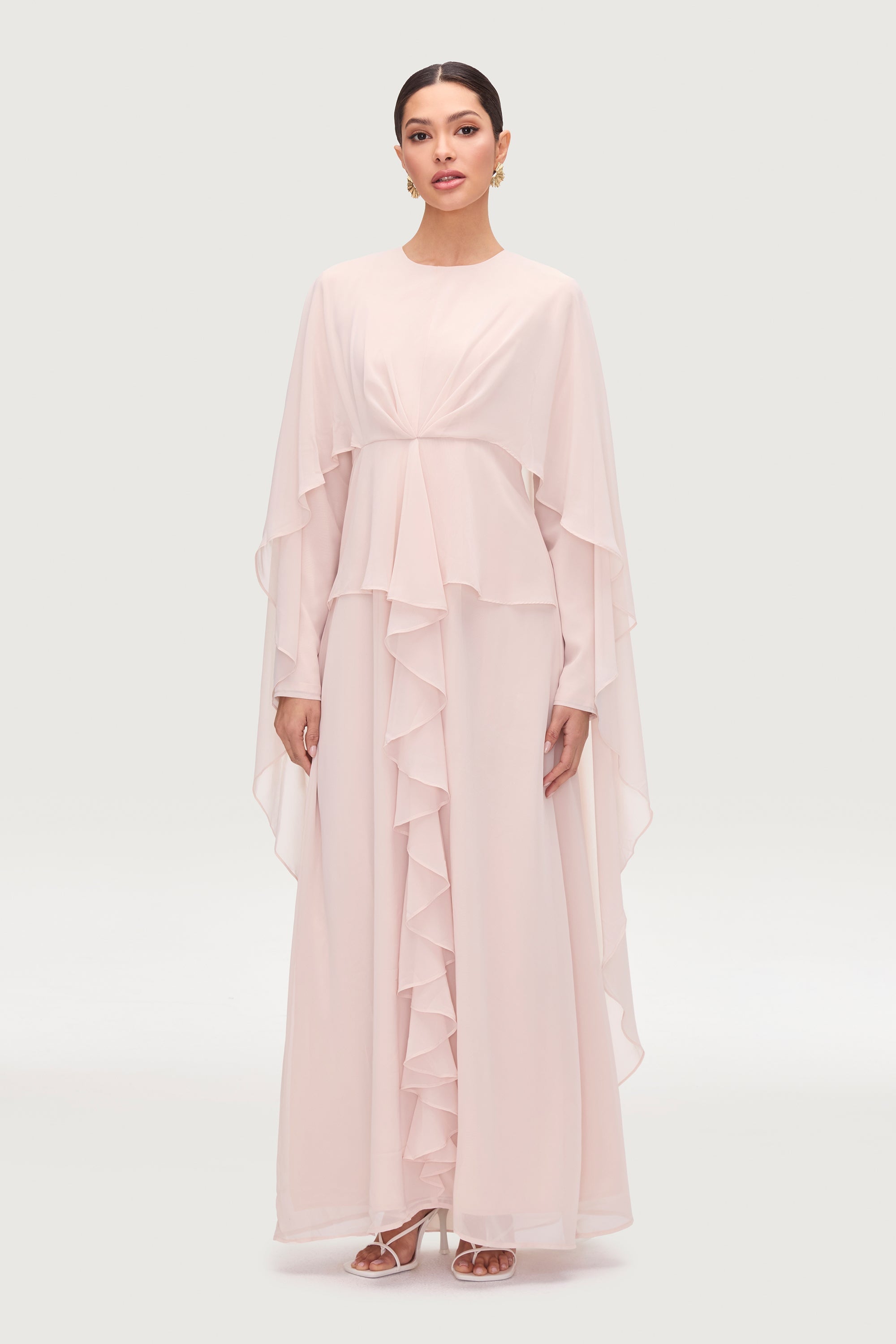 Jeanette Cascade Cape Maxi Dress - Pearl Dresses Veiled 