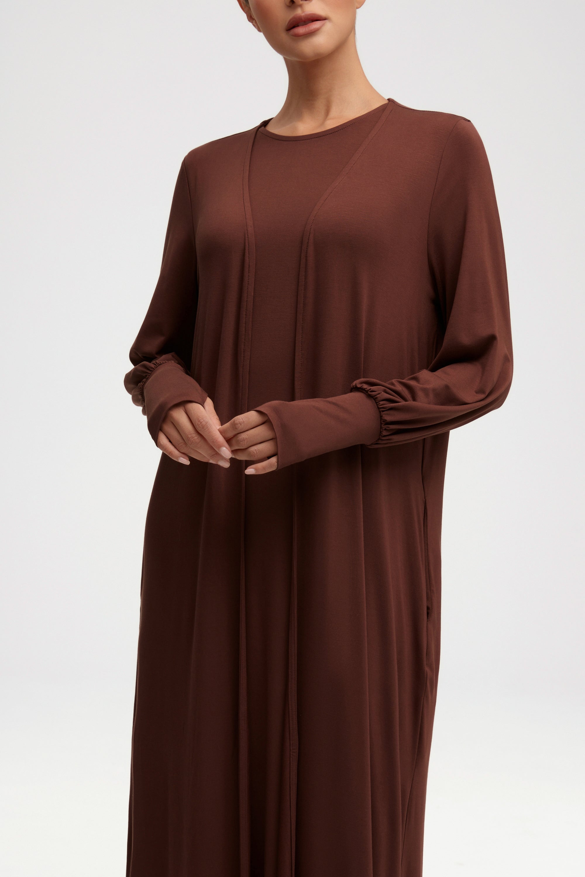 Jenin Jersey Open Abaya & Maxi Dress Set - Chocolate Clothing Veiled 
