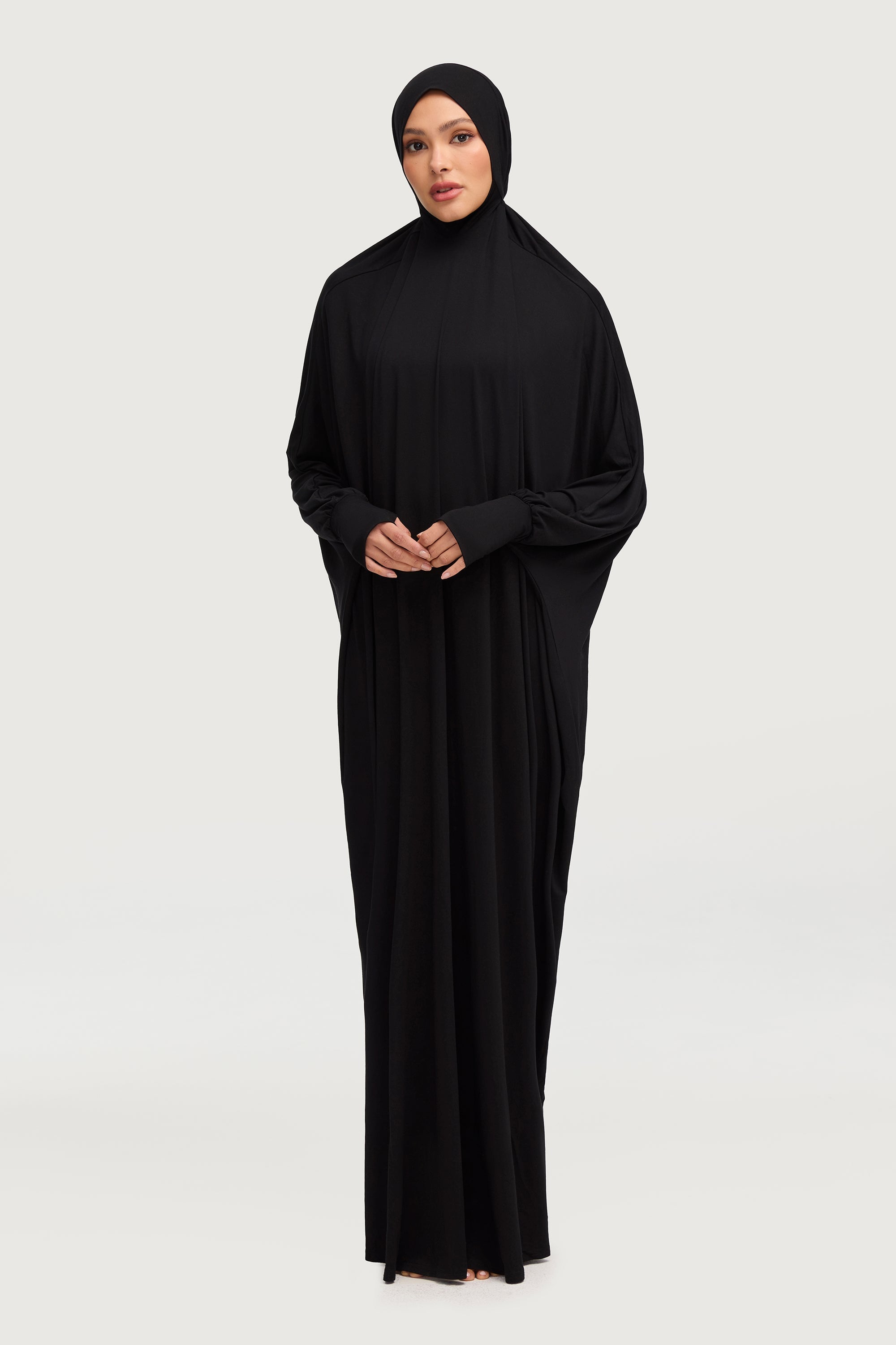 Jersey Cupro Prayer Jilbab Abaya - Black Abayas Veiled Collection 