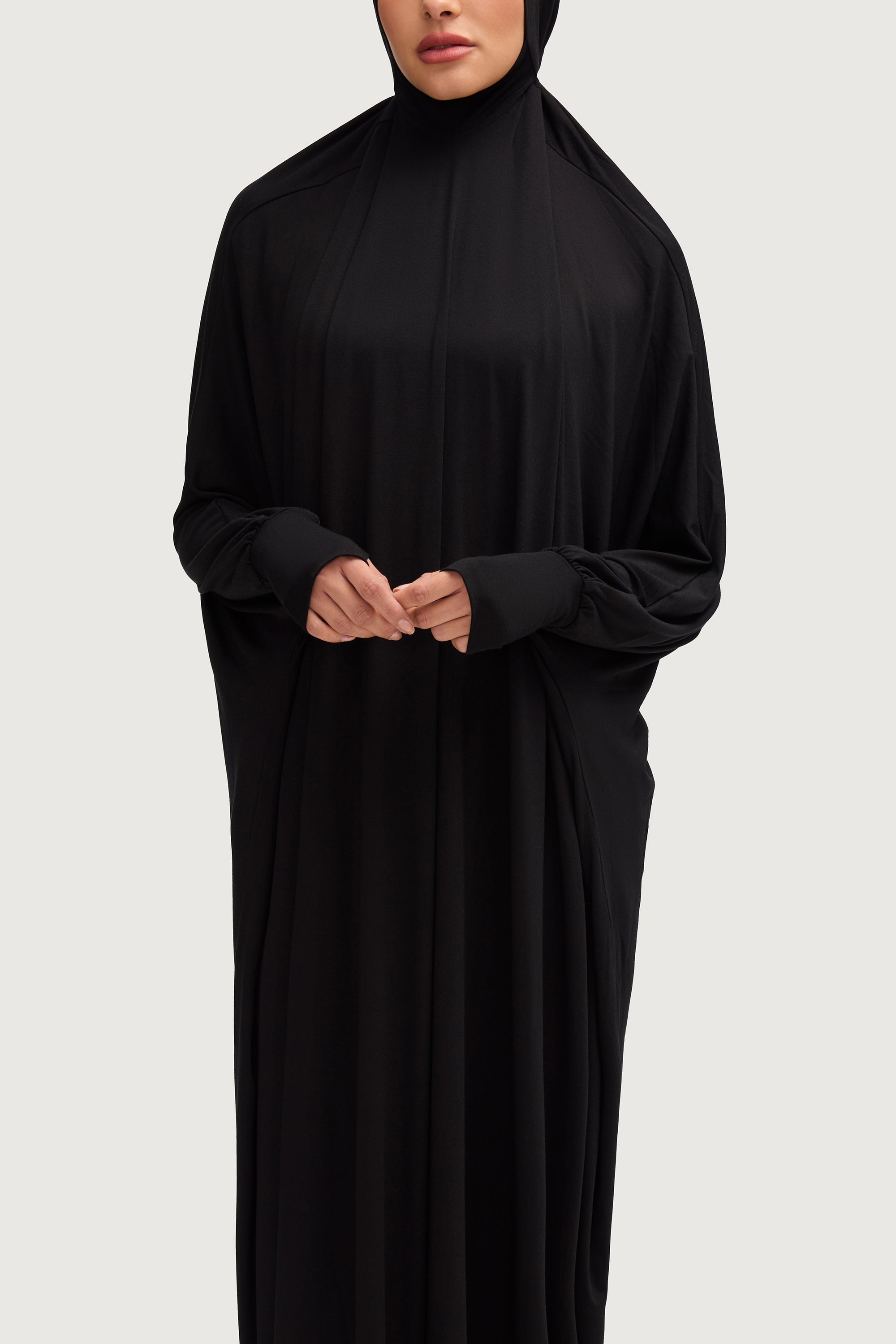 Jersey Cupro Prayer Jilbab Abaya - Black Abayas Veiled Collection 