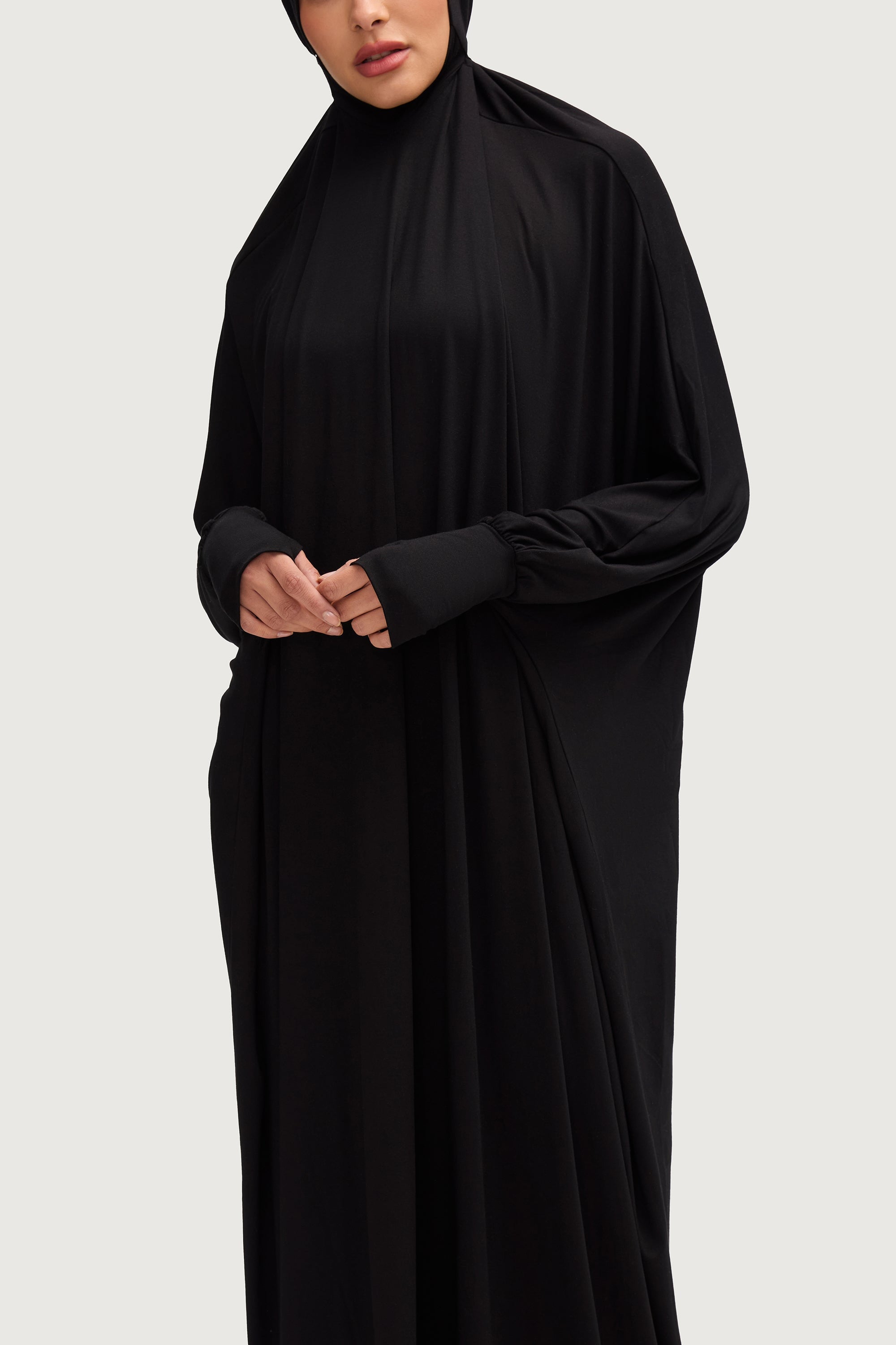 Jersey Cupro Prayer Jilbab Abaya - Black Abayas Veiled Collection 