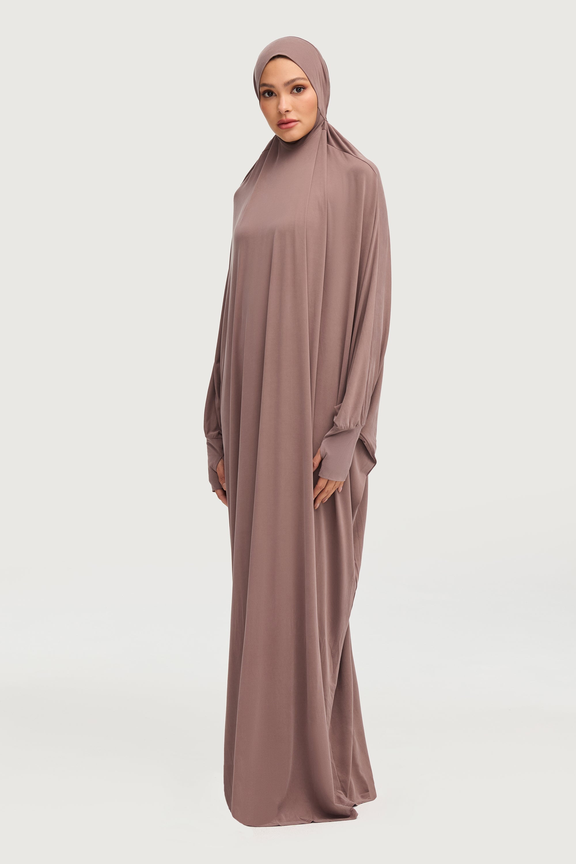 Jersey Cupro Prayer Jilbab Abaya - Deep Taupe Abayas Veiled Collection 