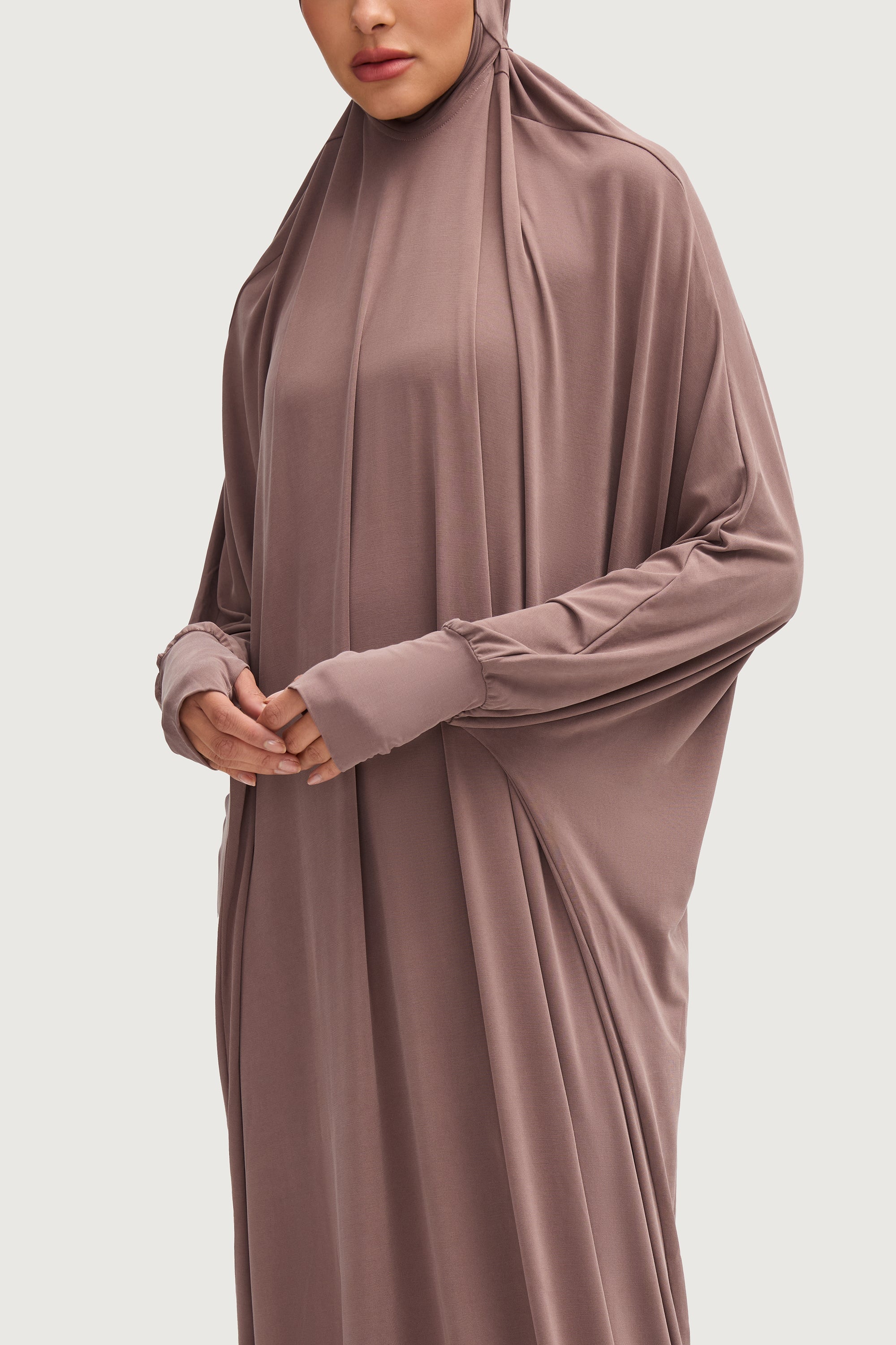 Jersey Cupro Prayer Jilbab Abaya - Deep Taupe Abayas Veiled Collection 