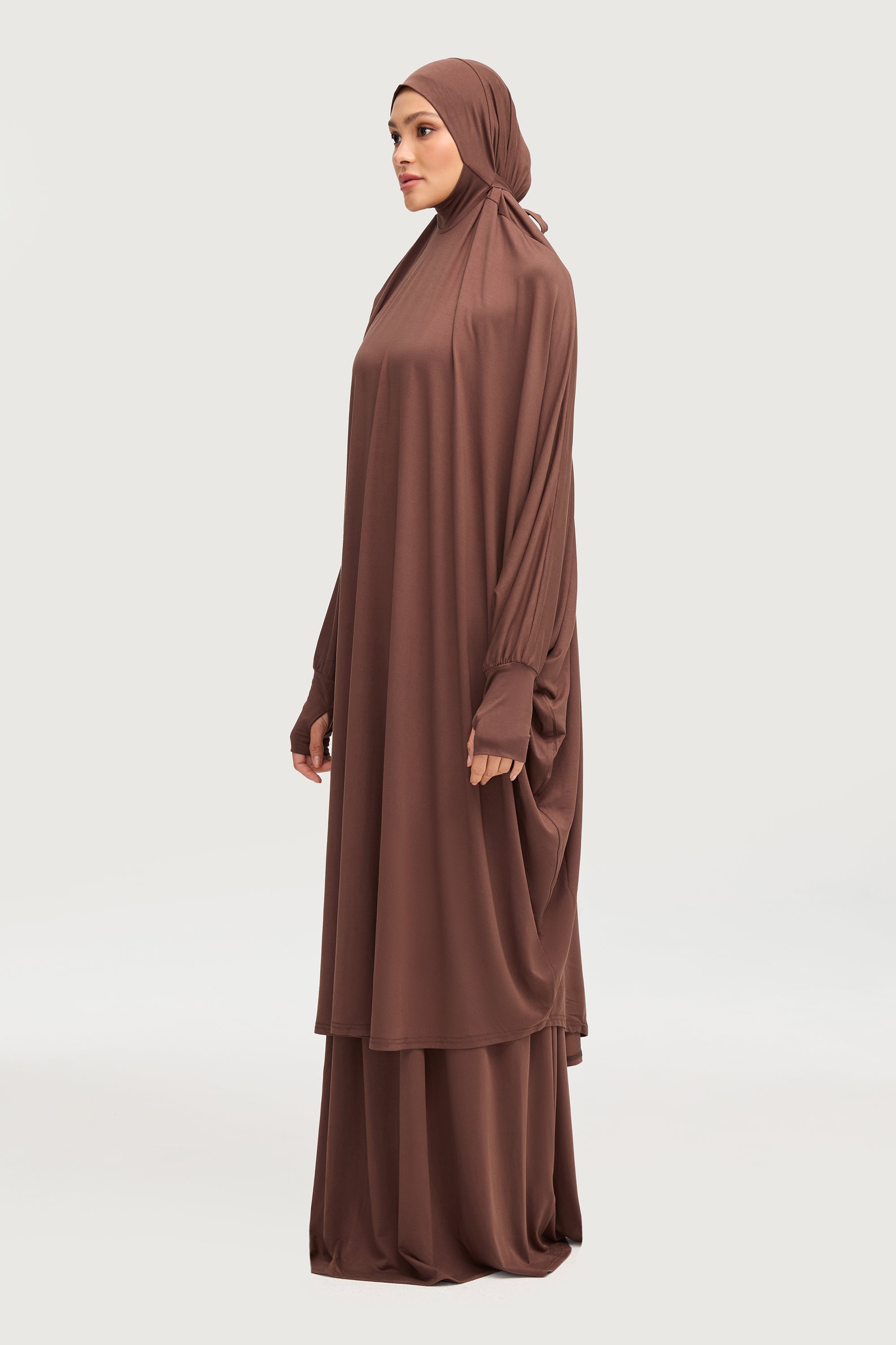 Jersey Cupro Prayer Jilbab & Skirt Set - Brown Sets Veiled Collection 