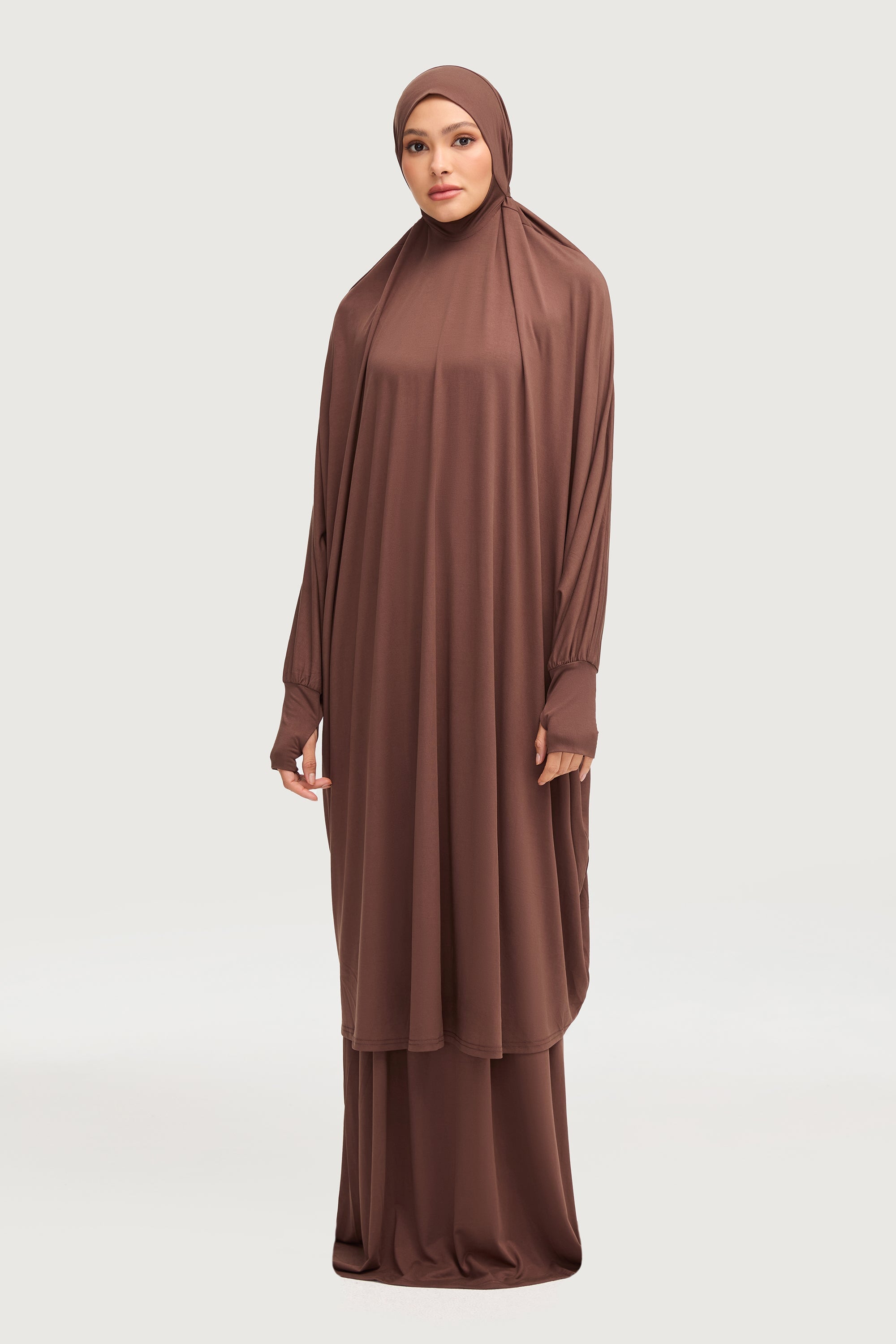 Jersey Cupro Prayer Jilbab & Skirt Set - Brown Sets Veiled Collection 