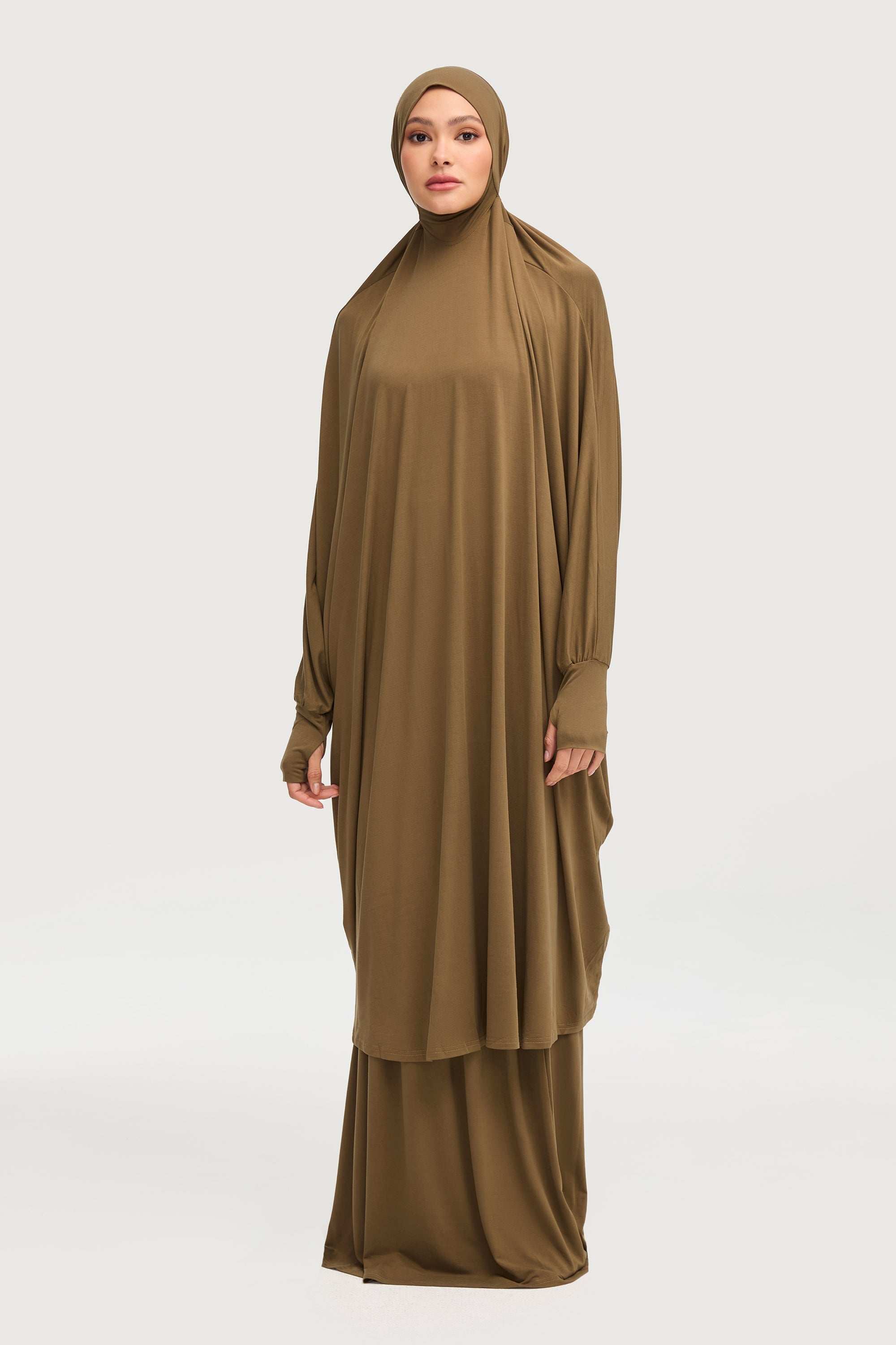 Jersey Cupro Prayer Jilbab & Skirt Set - Olive Sets Veiled Collection 