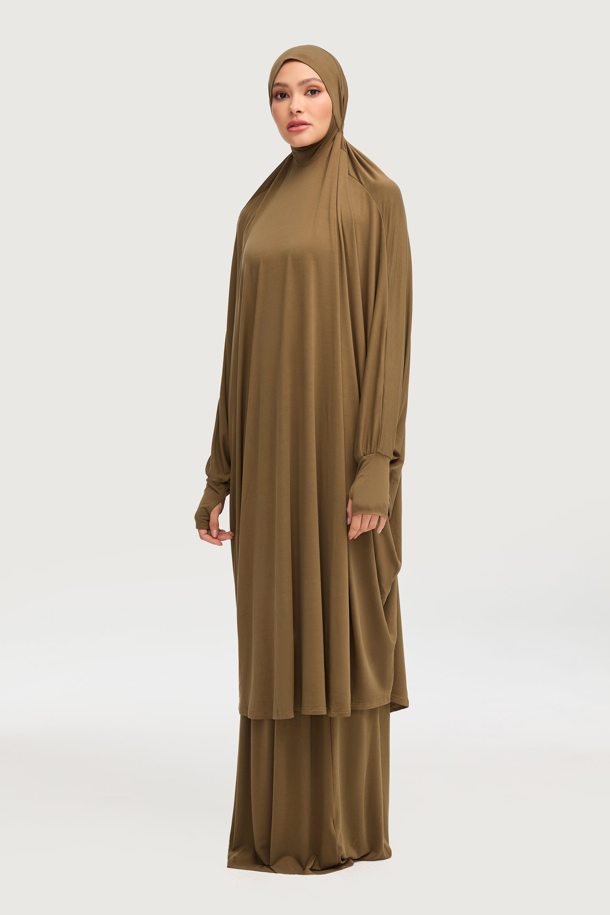 Jersey Cupro Prayer Jilbab & Skirt Set - Olive Sets Veiled Collection 