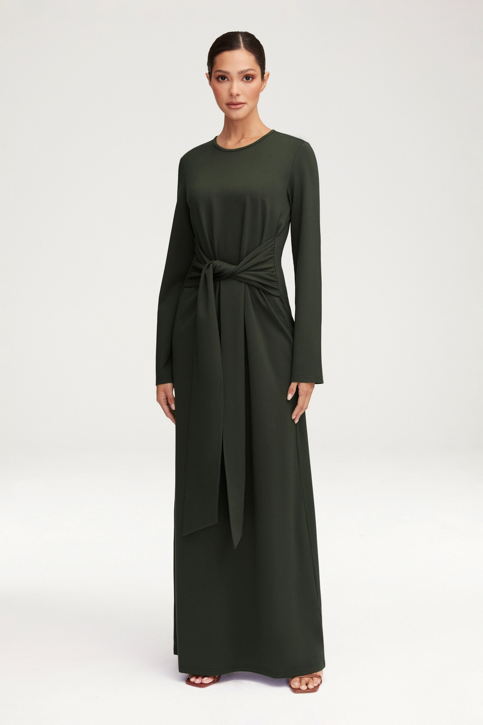 Jersey Tie Front Maxi Dress - Dark Cactus Clothing Veiled 