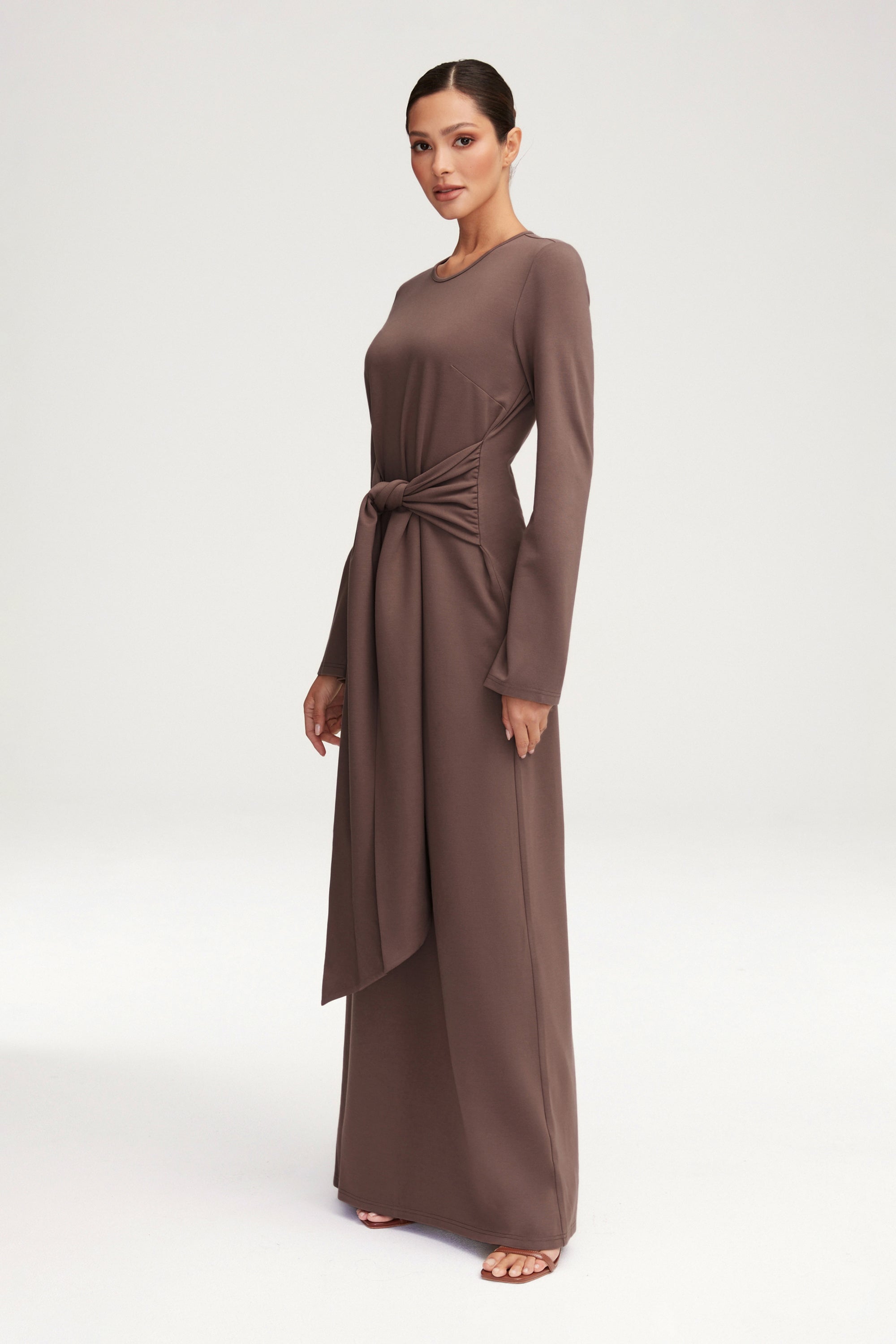Jersey Tie Front Maxi Dress - Dark Taupe Clothing Veiled 