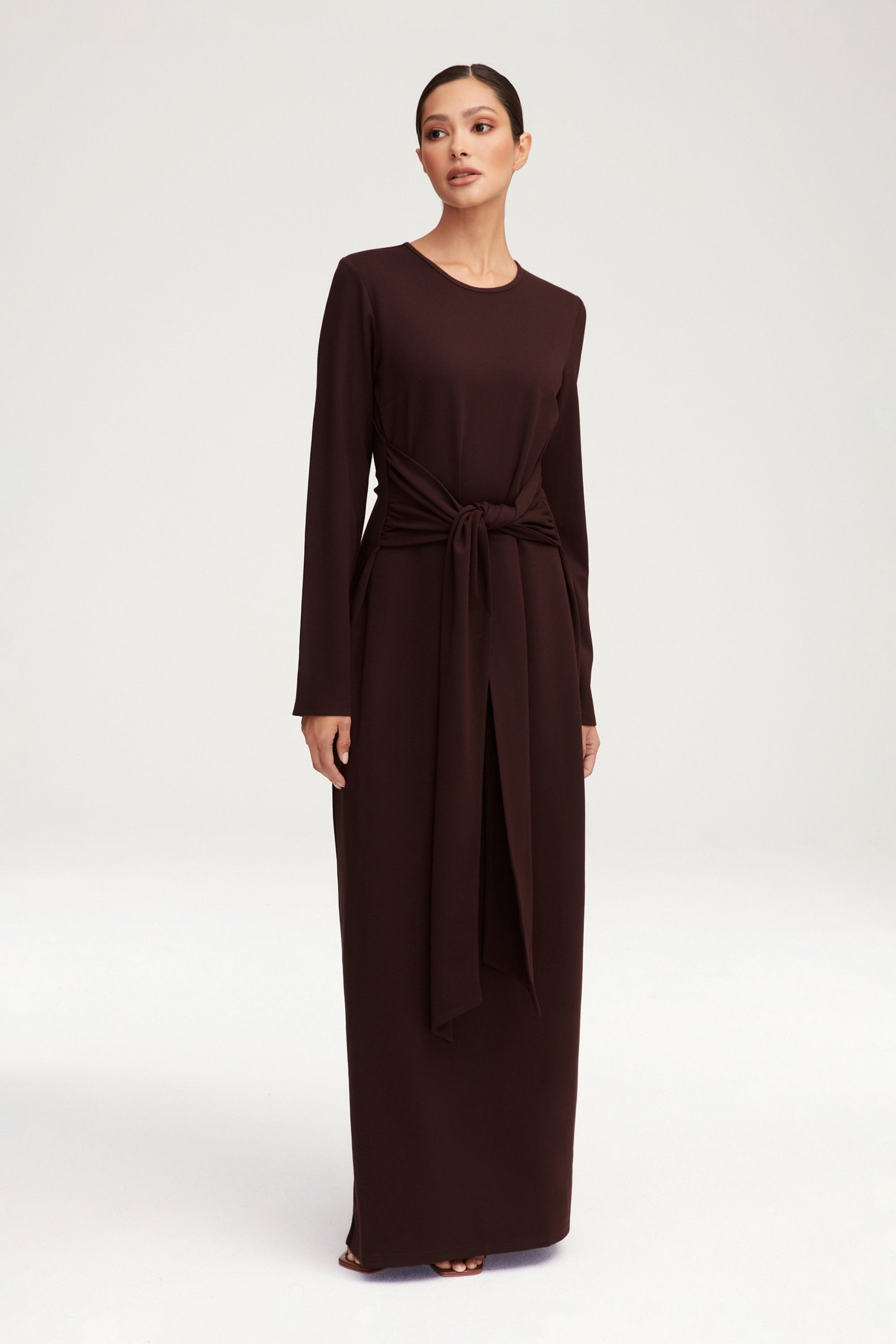 Jersey Tie Front Maxi Dress - Espresso Clothing Veiled 