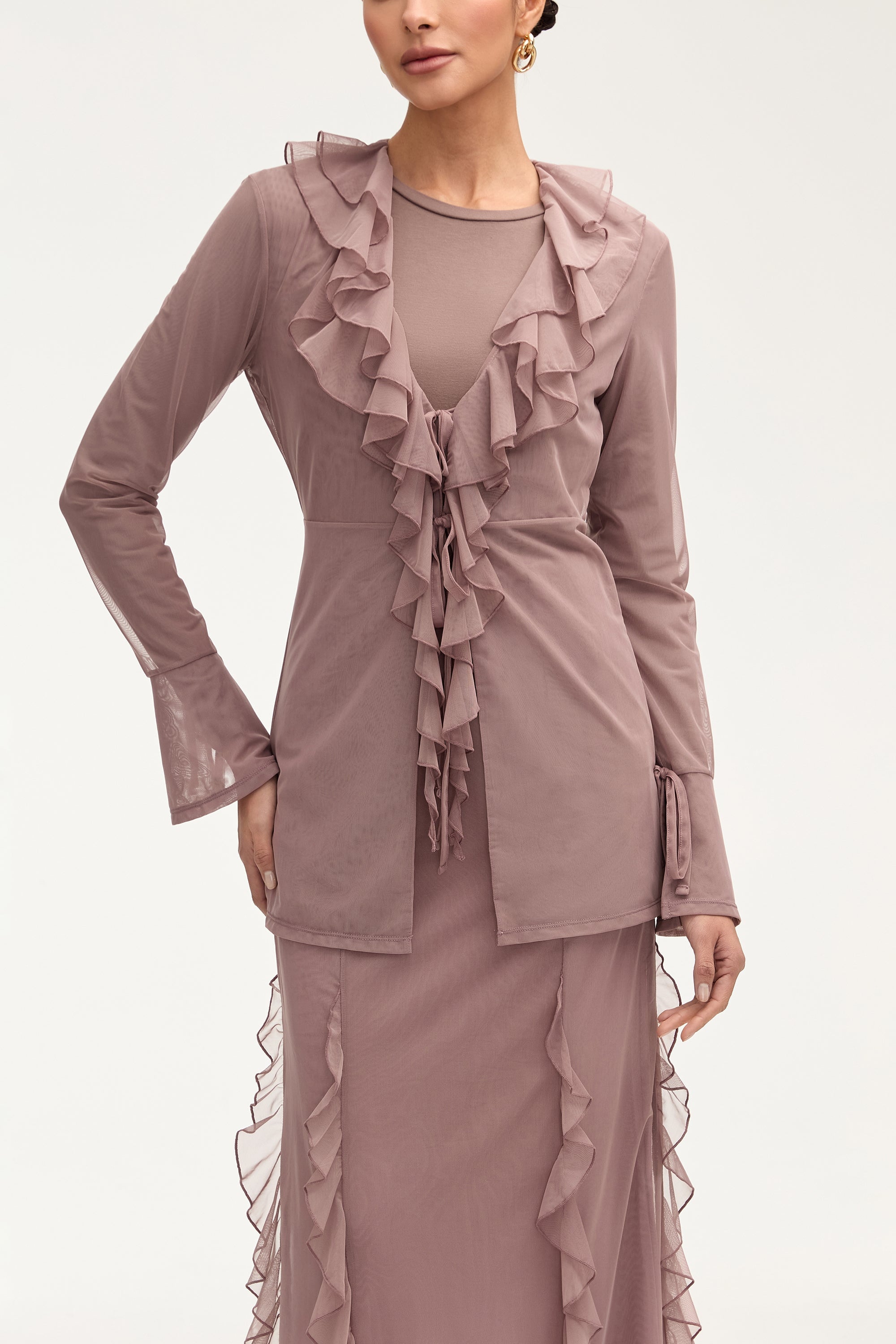 Jida Ruffle Tie Front Mesh Top - Twilight Mauve Clothing Veiled 