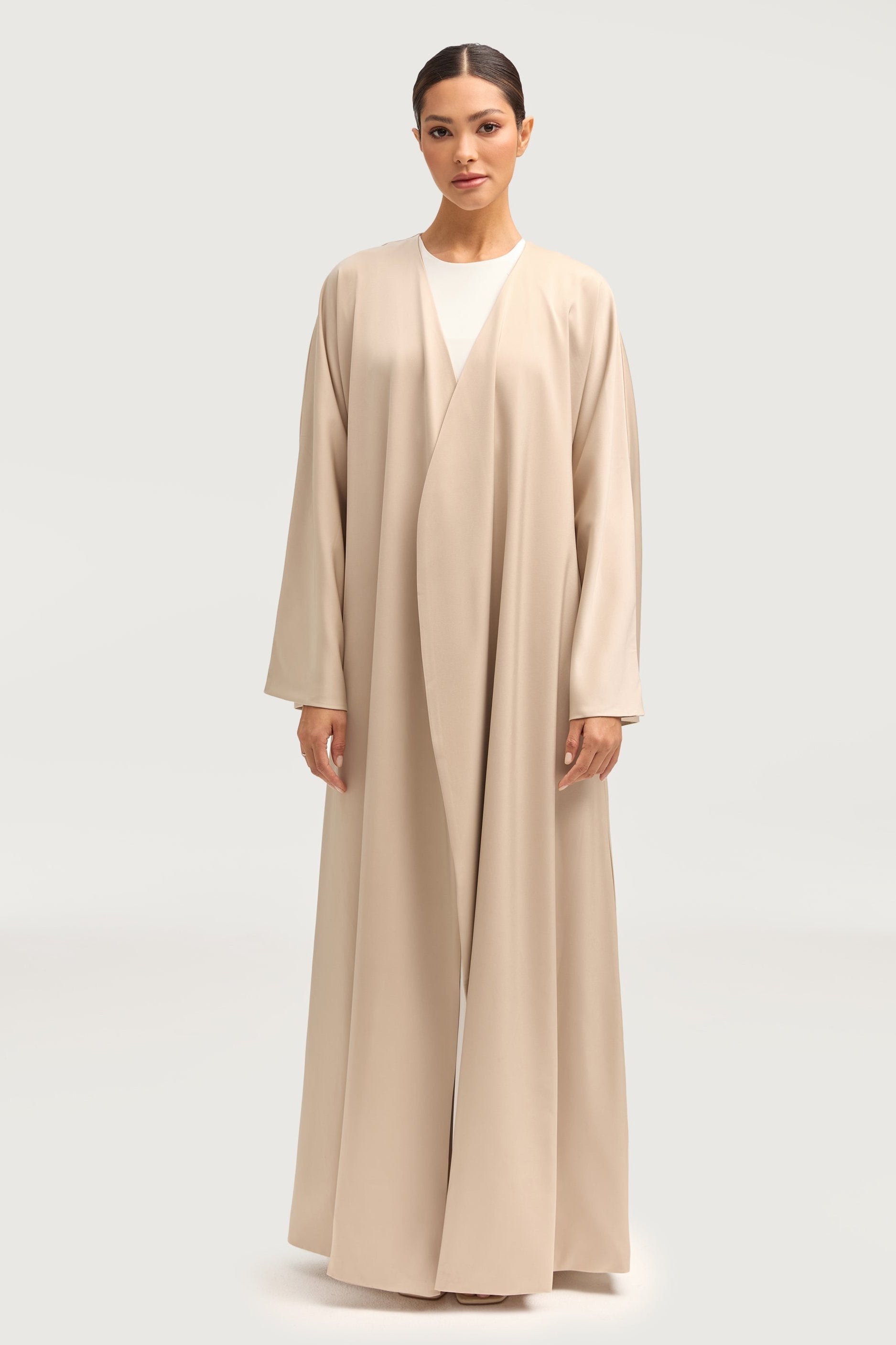 Jumana Satin Open Abaya - Stone Abayas Veiled 