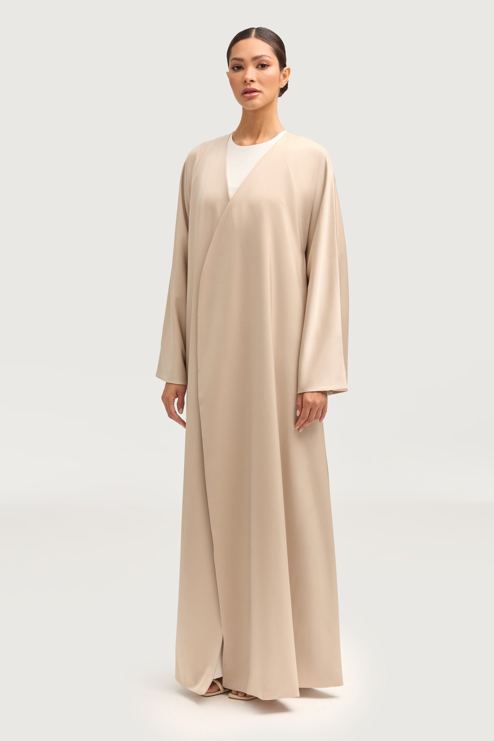 Jumana Satin Open Abaya - Stone Abayas Veiled 