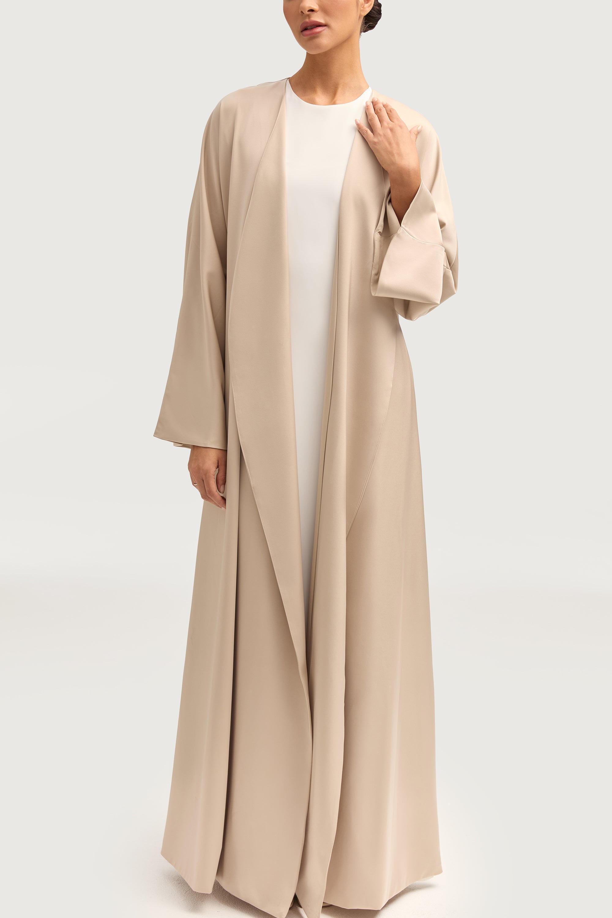 Jumana Satin Open Abaya - Stone Abayas Veiled 