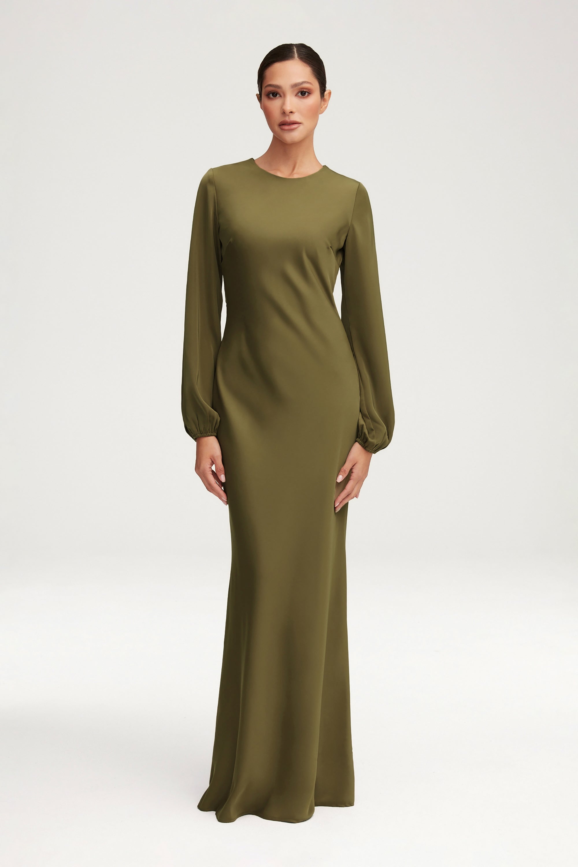 Kamila Satin Maxi Dress - Olive Night Clothing Veiled 