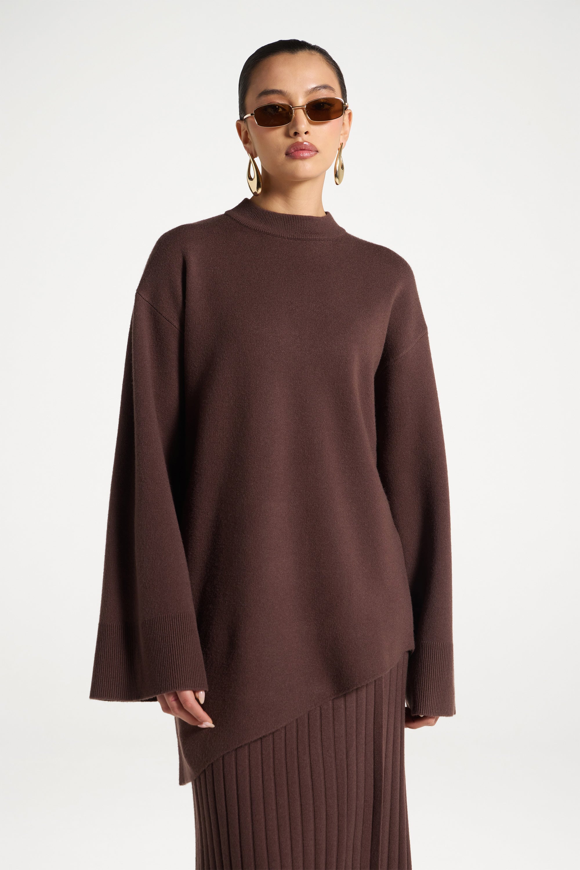 Kehlani Asymmetric Knit Top - Brown Abayas Veiled 