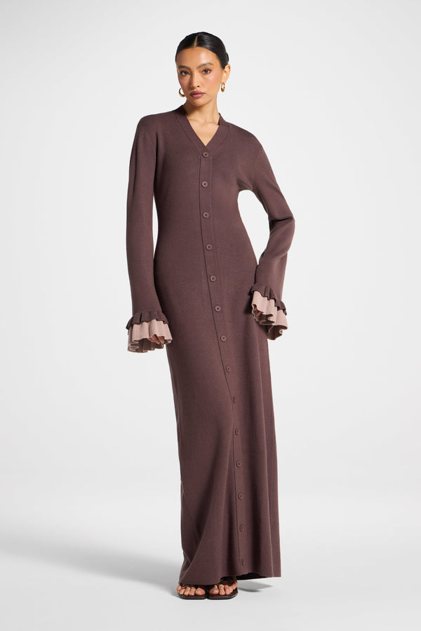 Knit Button Front Maxi Dress - Deep Taupe Abayas Veiled 