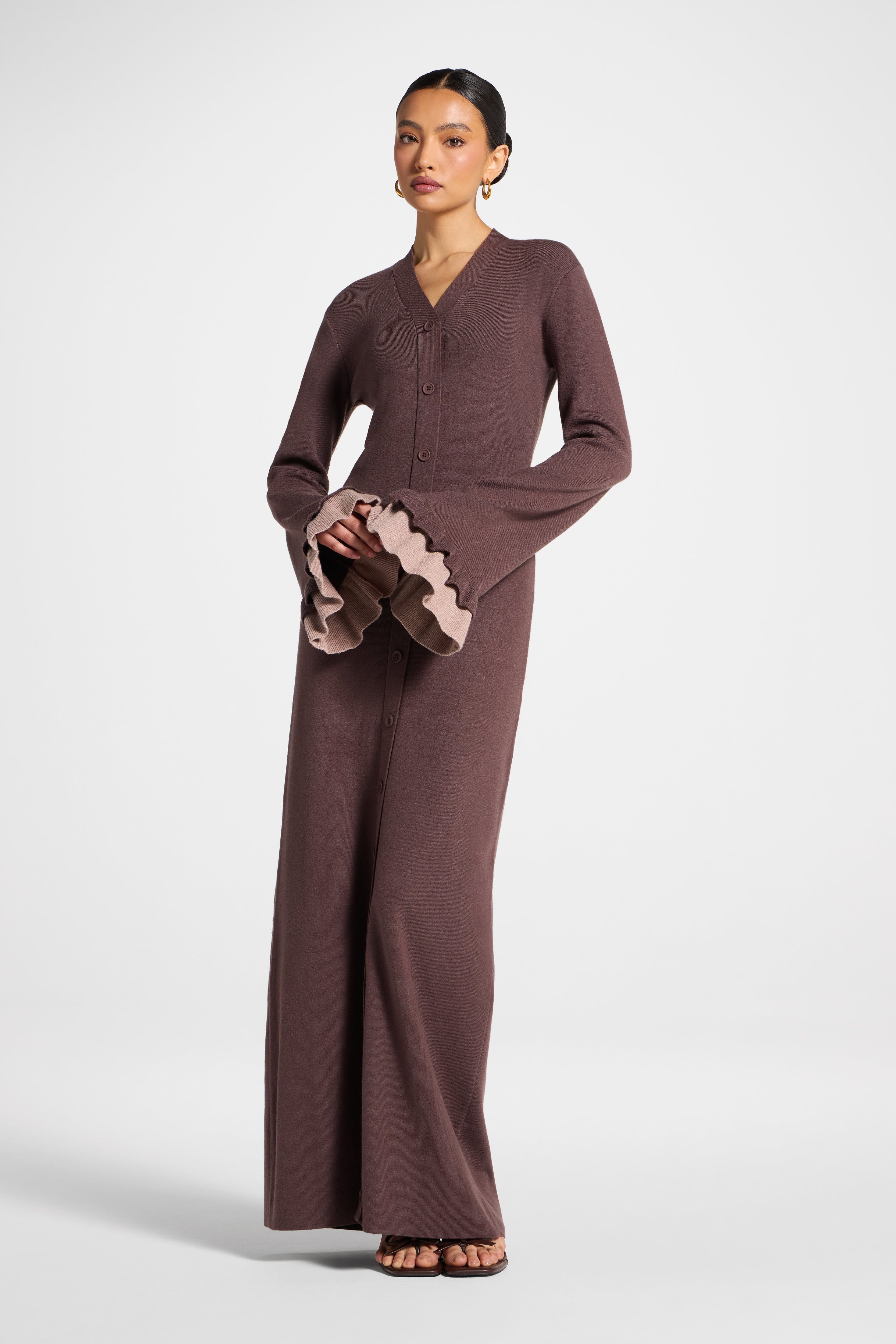 Knit Button Front Maxi Dress - Deep Taupe Abayas Veiled 