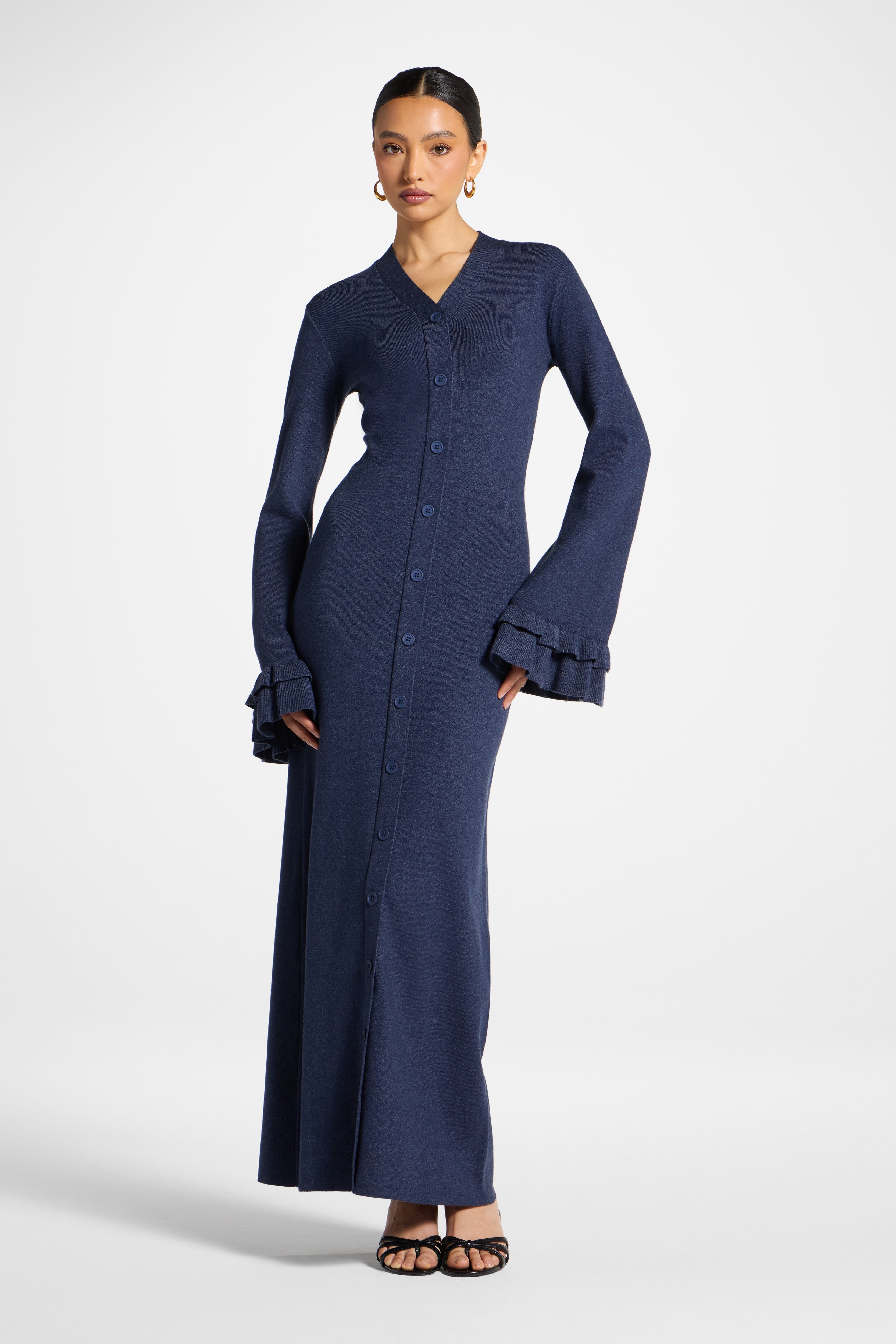 Knit Button Front Maxi Dress - Denim Abayas Veiled 