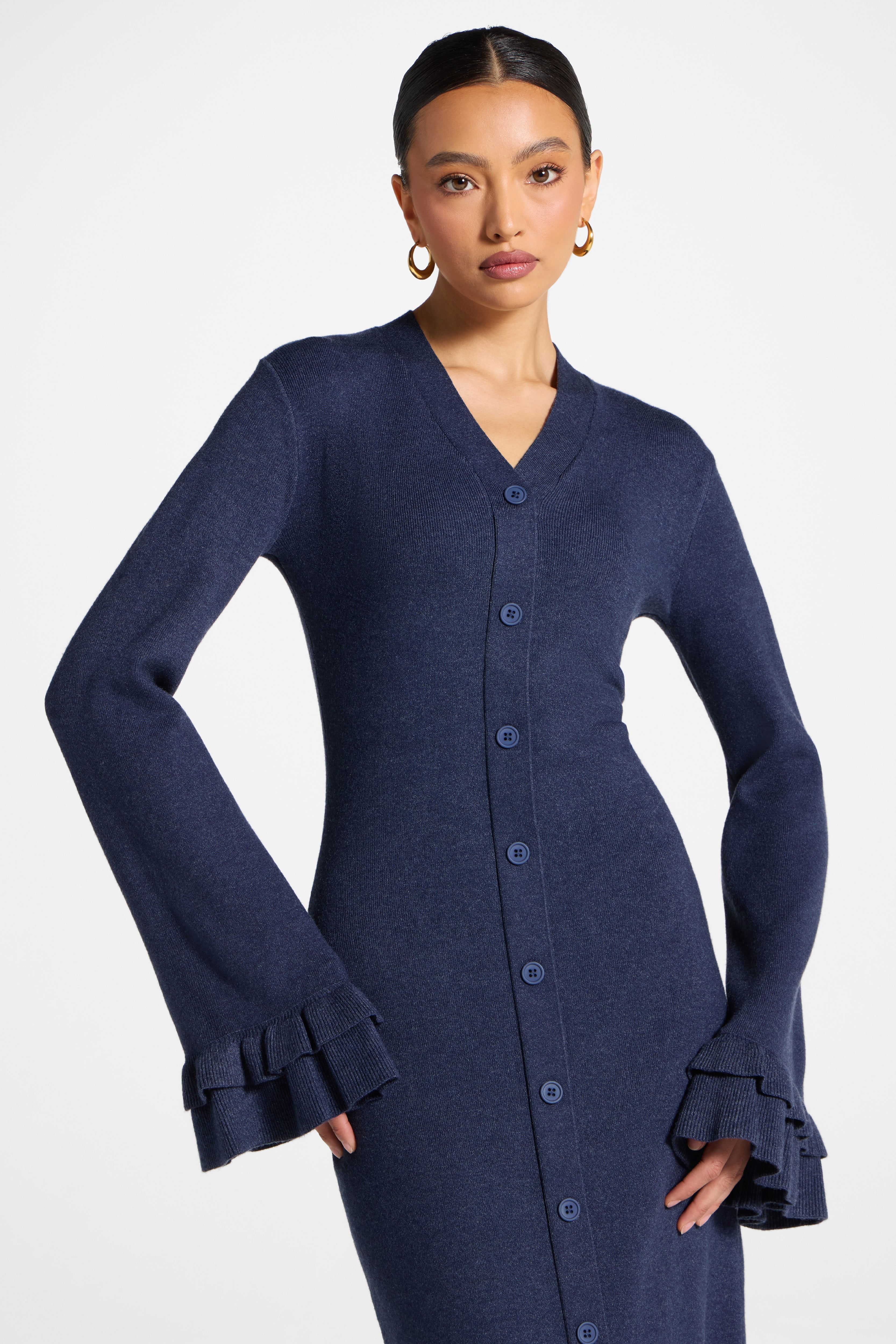 Knit Button Front Maxi Dress - Denim Abayas Veiled 