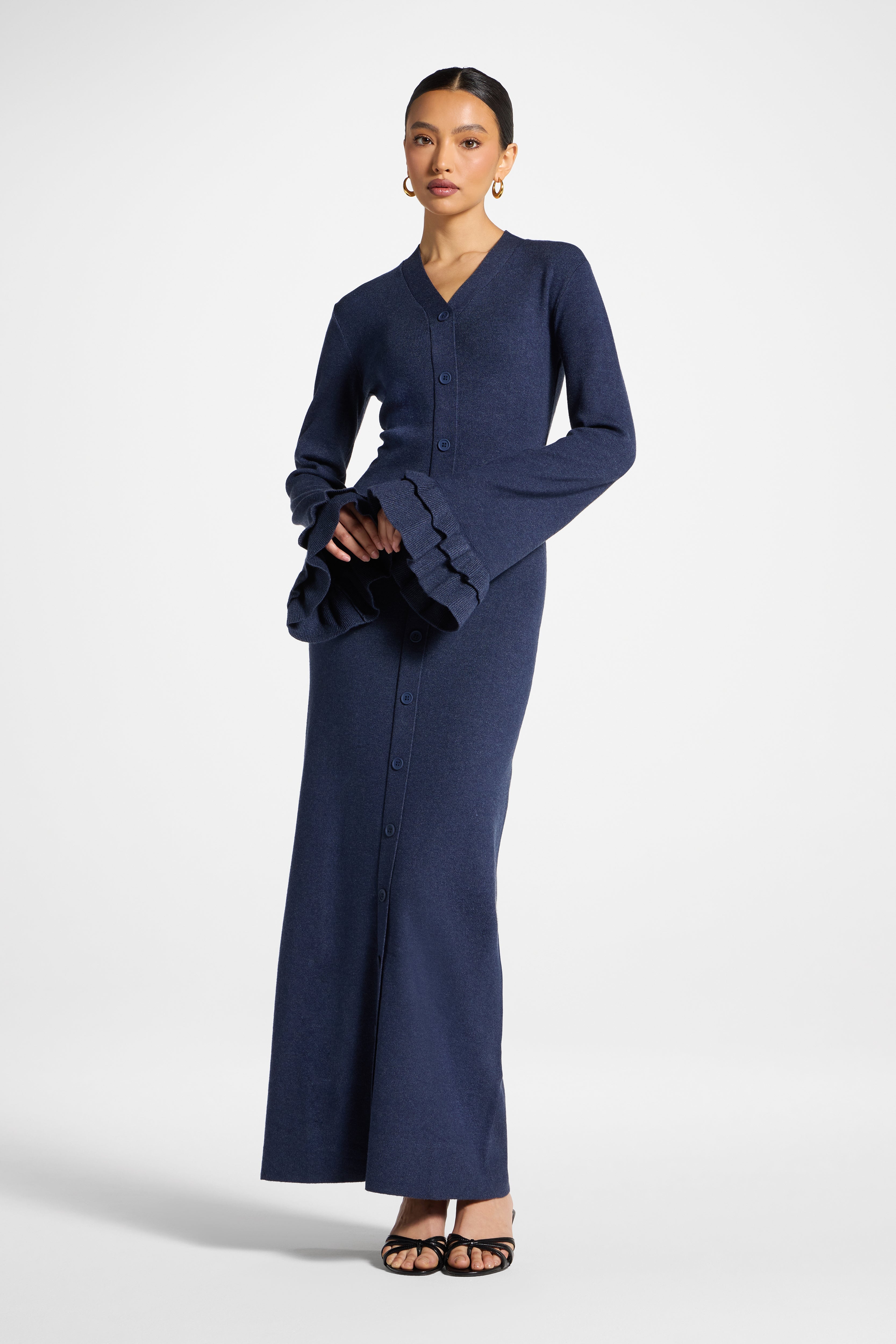 Knit Button Front Maxi Dress - Denim Abayas Veiled 