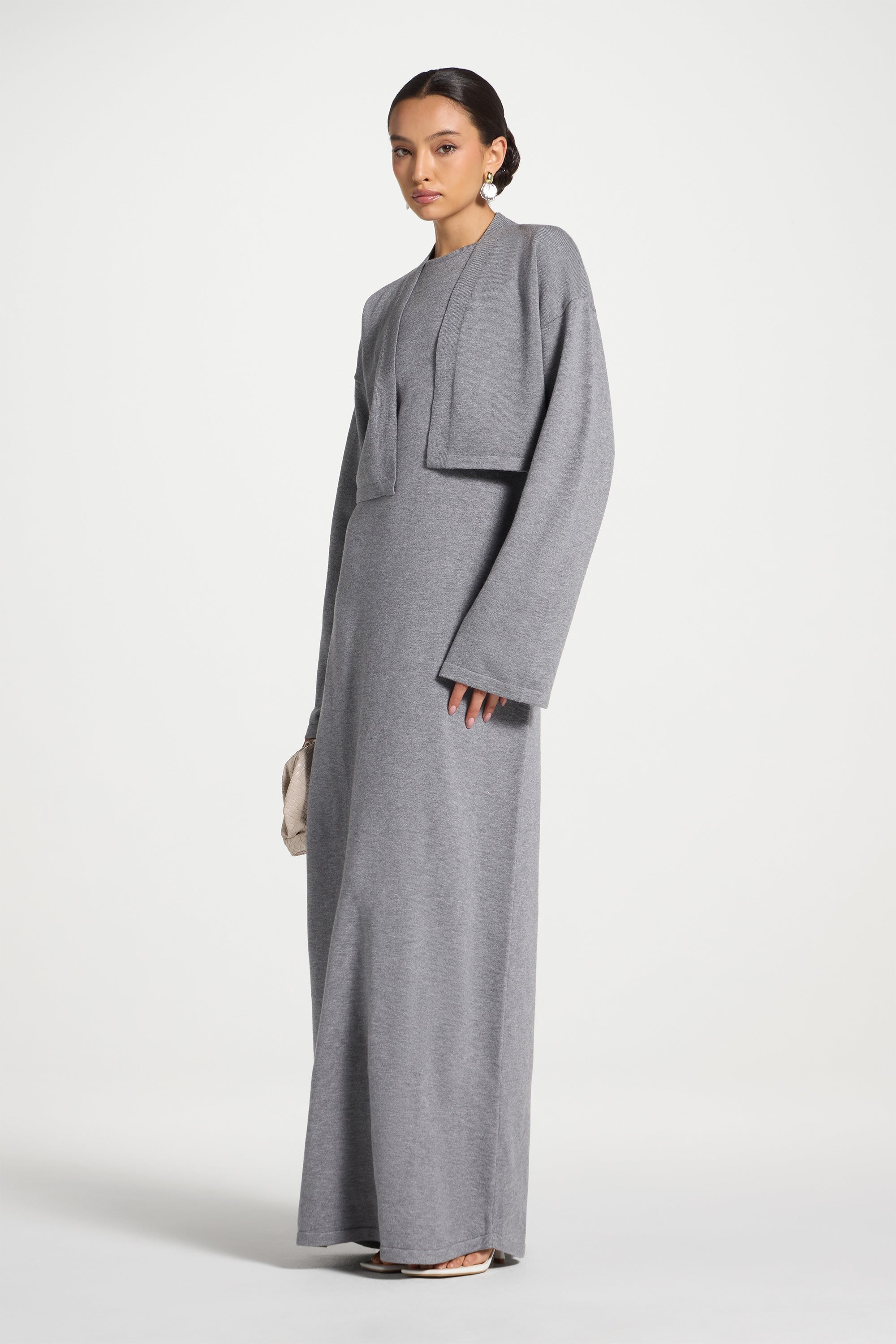 Knit Cardigan & Maxi Dress Set - Dark Grey Abayas Veiled 