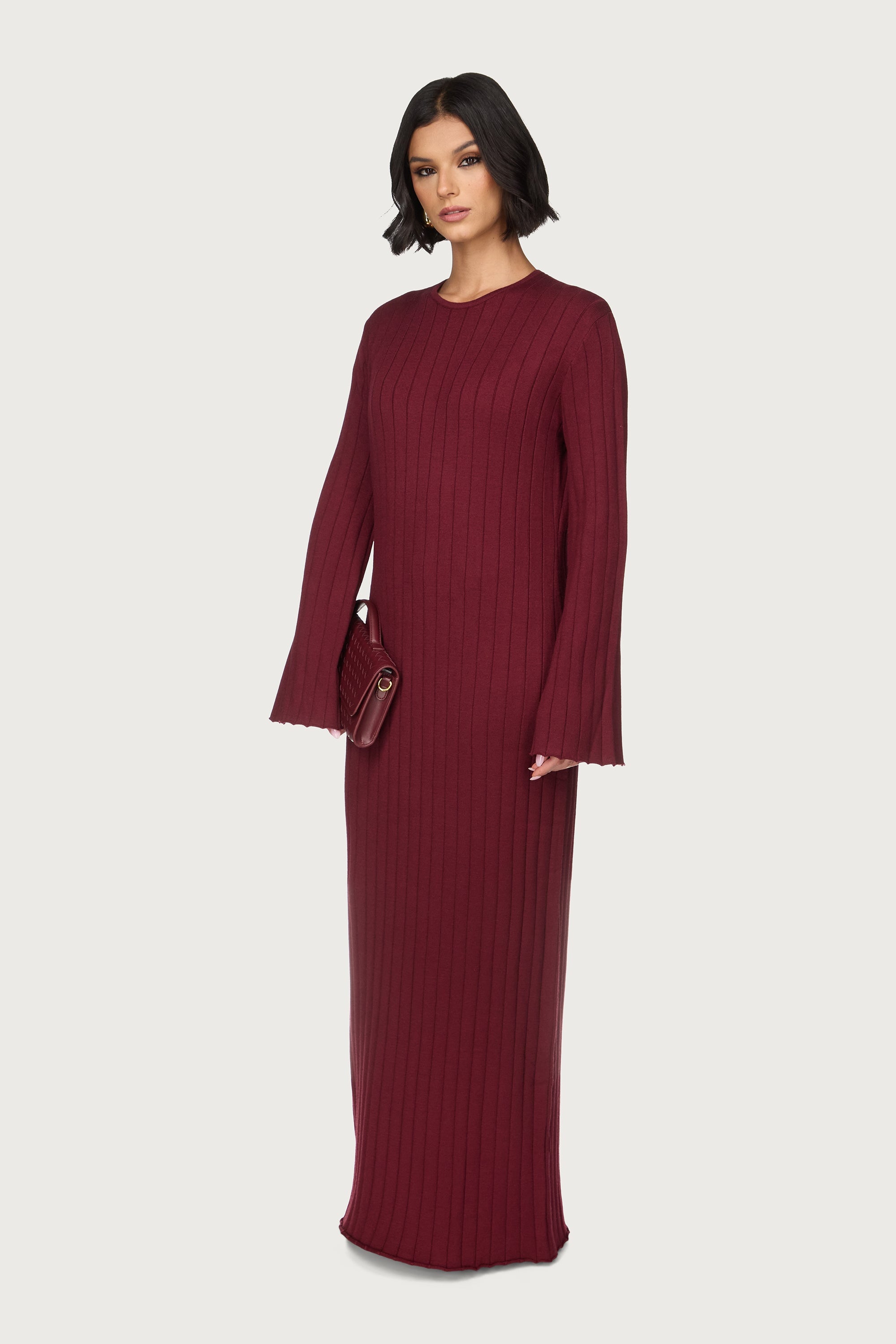 Knit Flare Sleeve Dress - Cherry Lacquer Abayas Veiled 