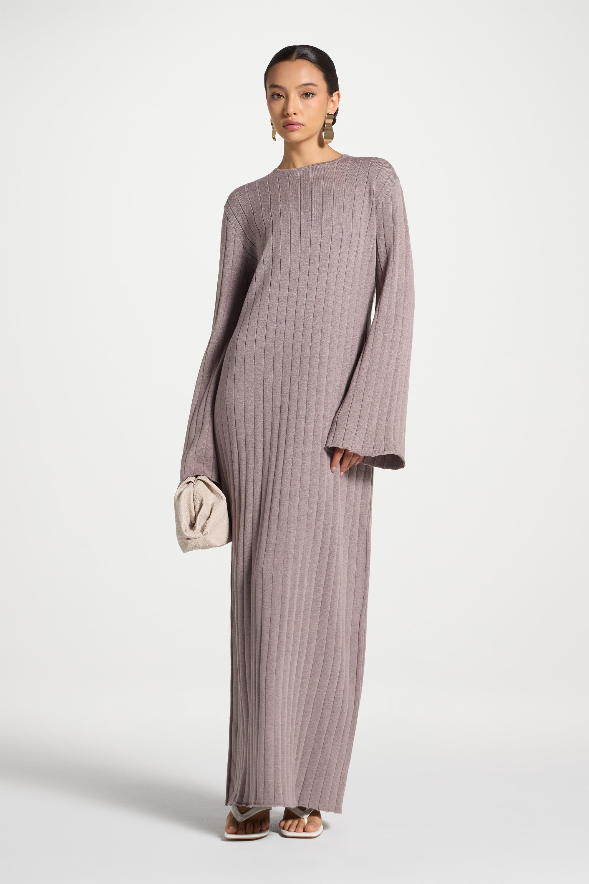 Knit Flare Sleeve Dress - Soft Mauve Abayas Veiled 