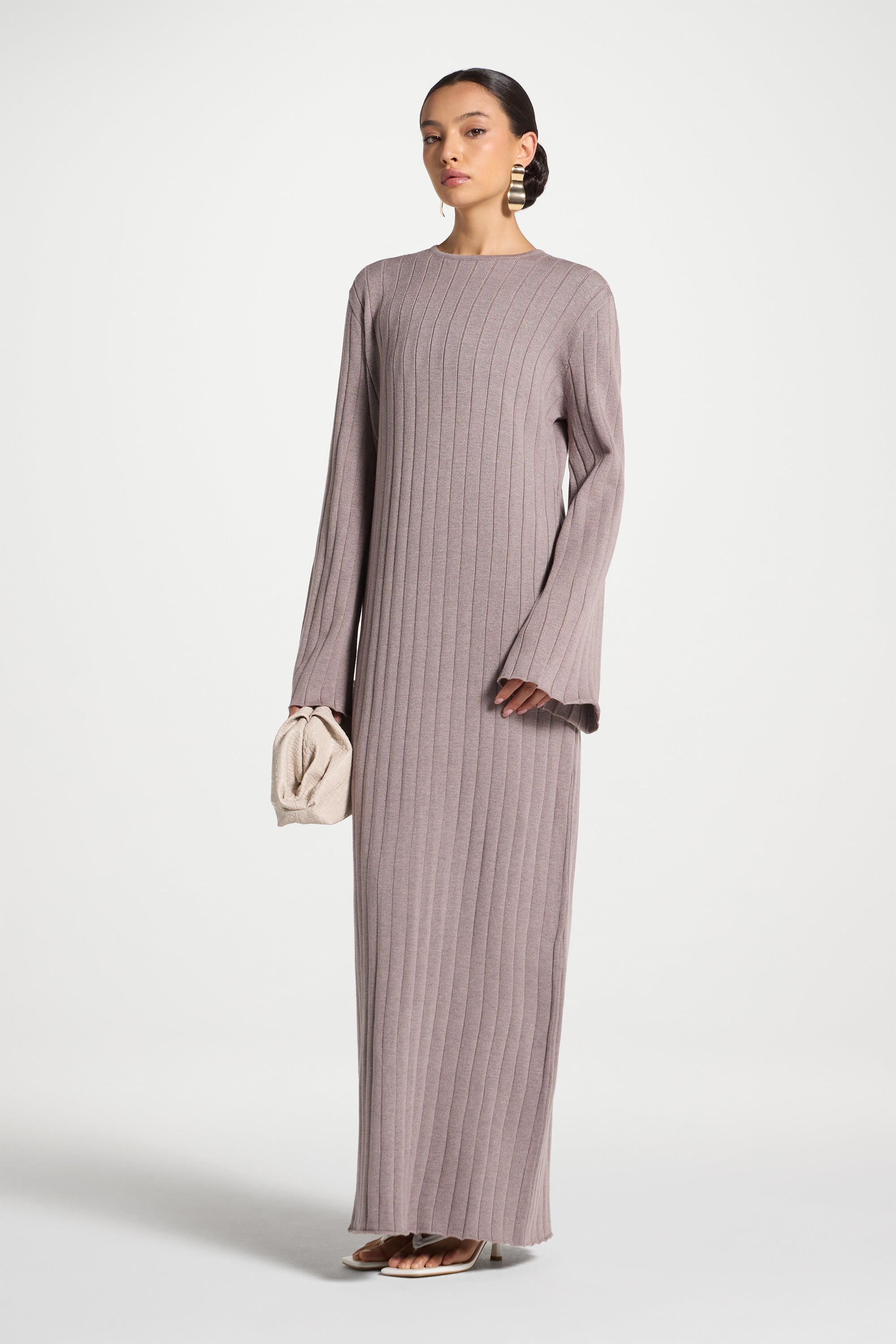 Knit Flare Sleeve Dress - Soft Mauve Abayas Veiled 