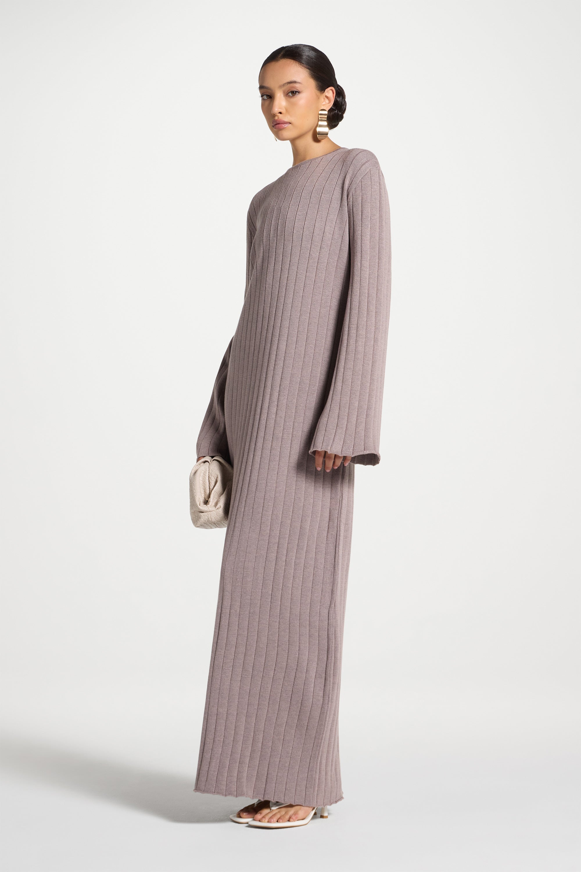 Knit Flare Sleeve Dress - Soft Mauve Abayas Veiled 