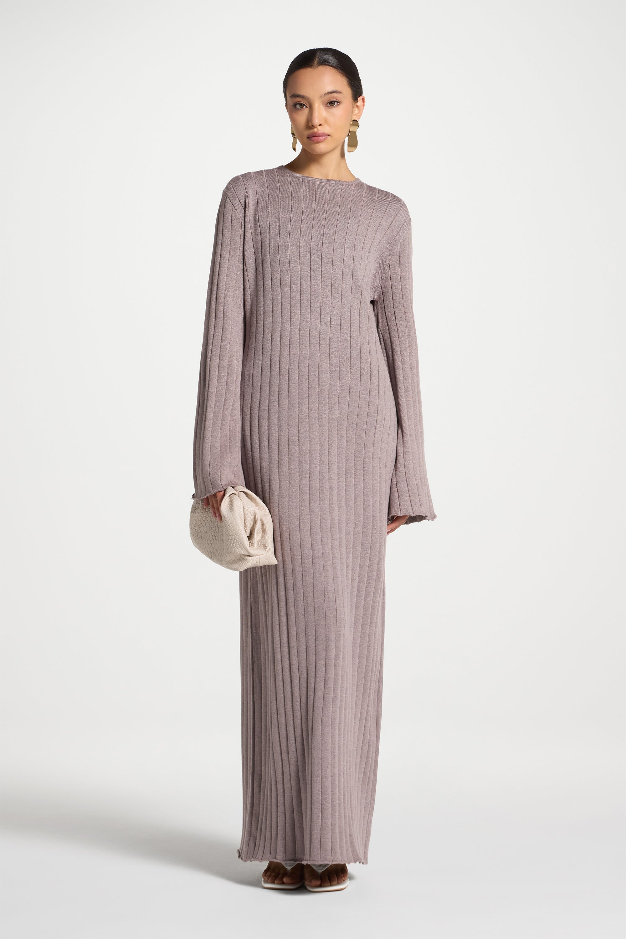 Knit Flare Sleeve Dress - Soft Mauve Abayas Veiled 