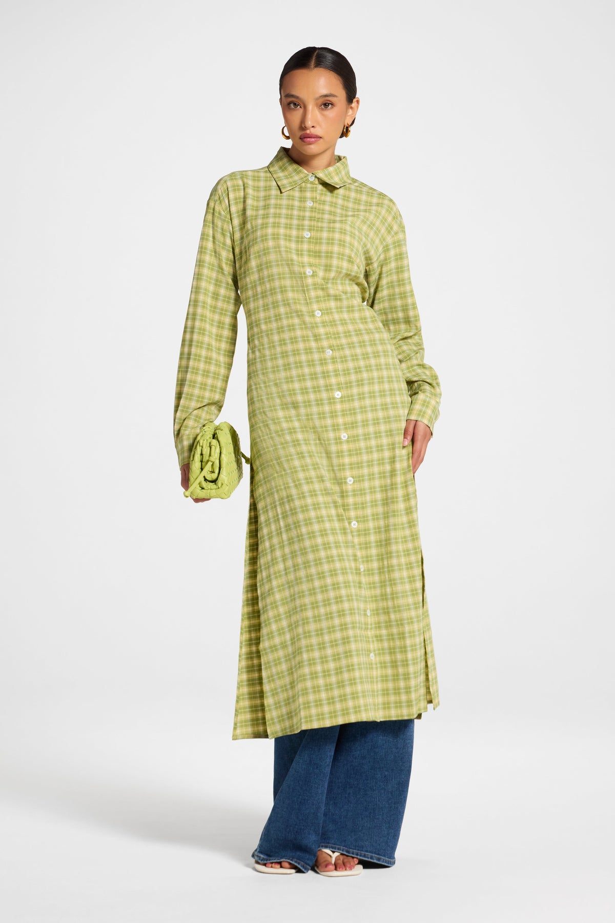 Lace Back Midi Button Down Top - Green Glow Top Veiled 