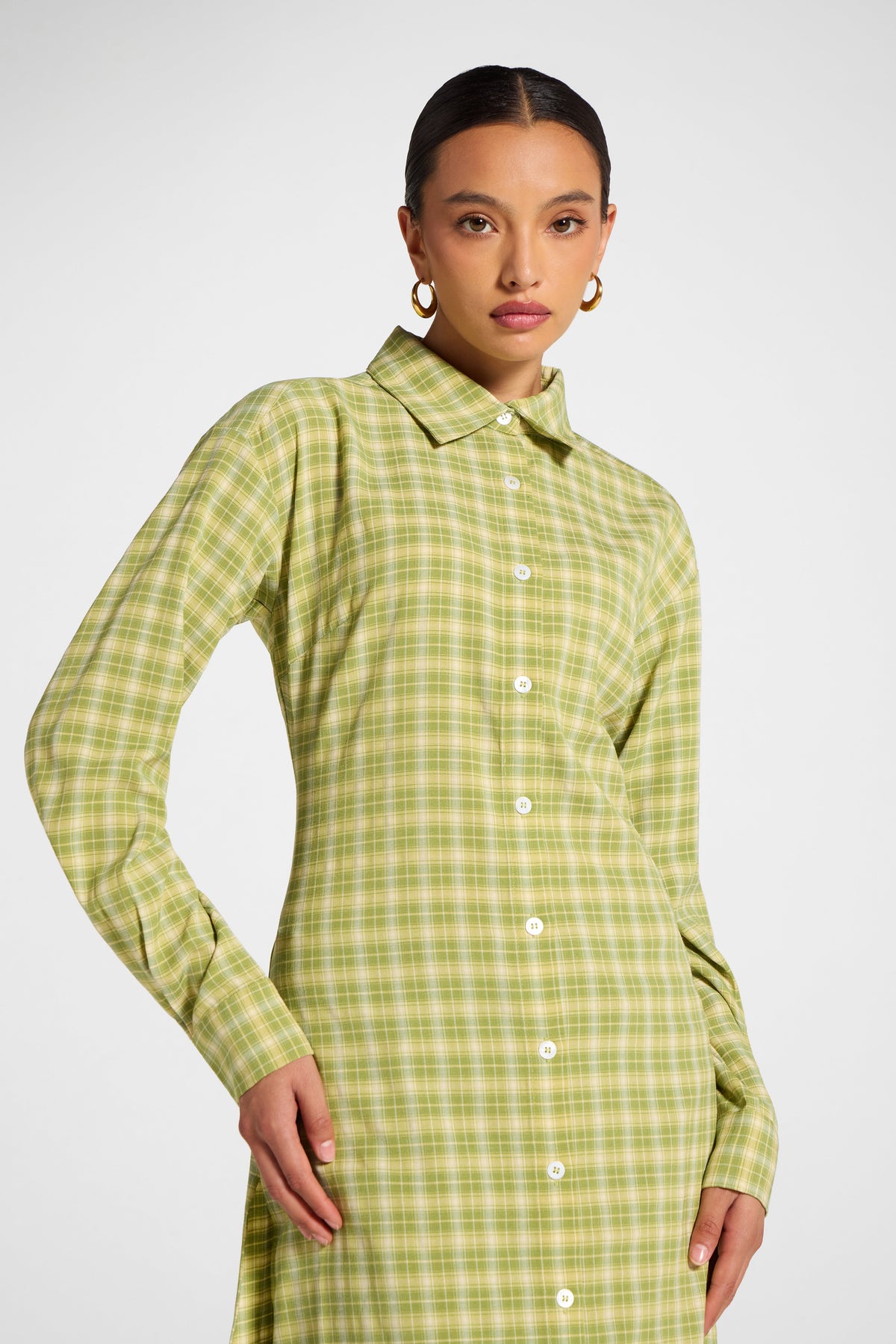 Lace Back Midi Button Down Top - Green Glow Top Veiled 