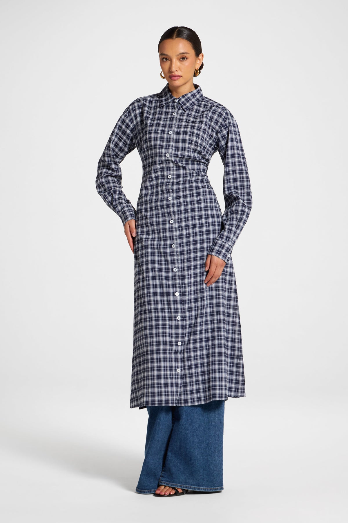 Lace Back Midi Button Down Top - Navy Top Veiled 
