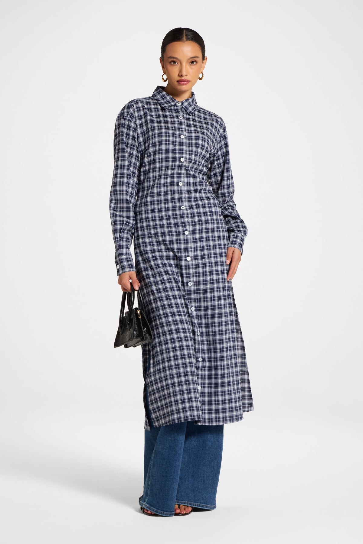 Lace Back Midi Button Down Top - Navy Top Veiled 