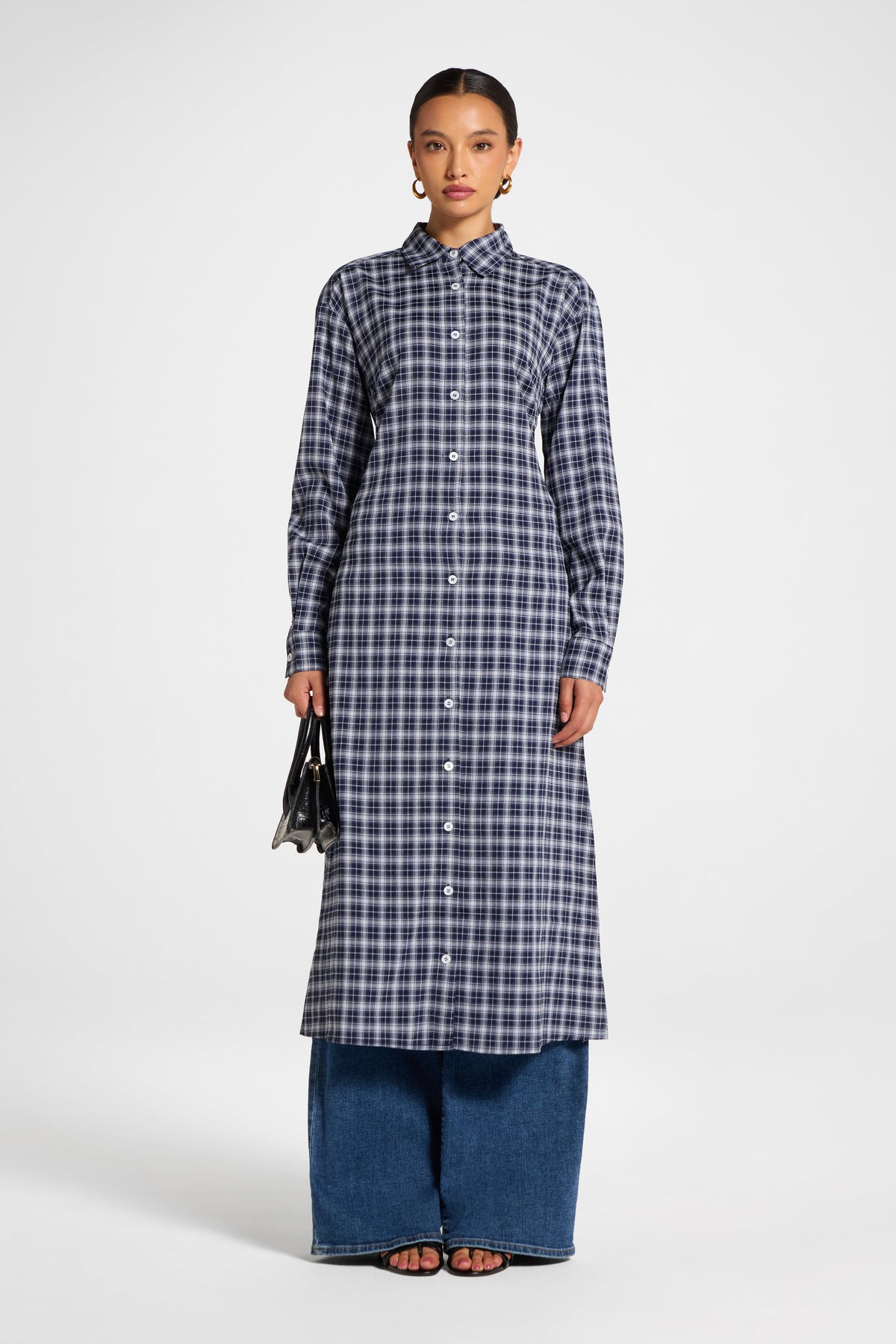 Lace Back Midi Button Down Top - Navy Top Veiled 