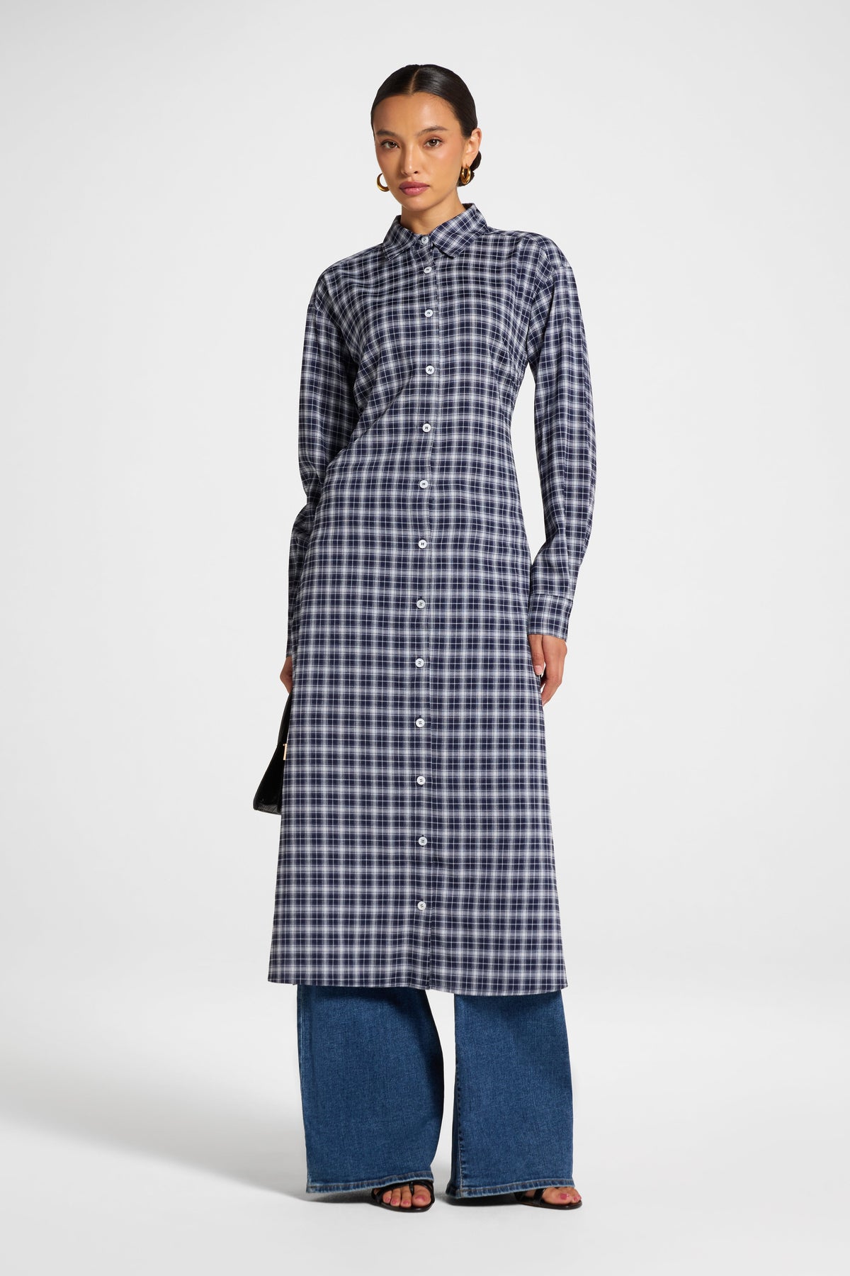 Lace Back Midi Button Down Top - Navy Top Veiled 